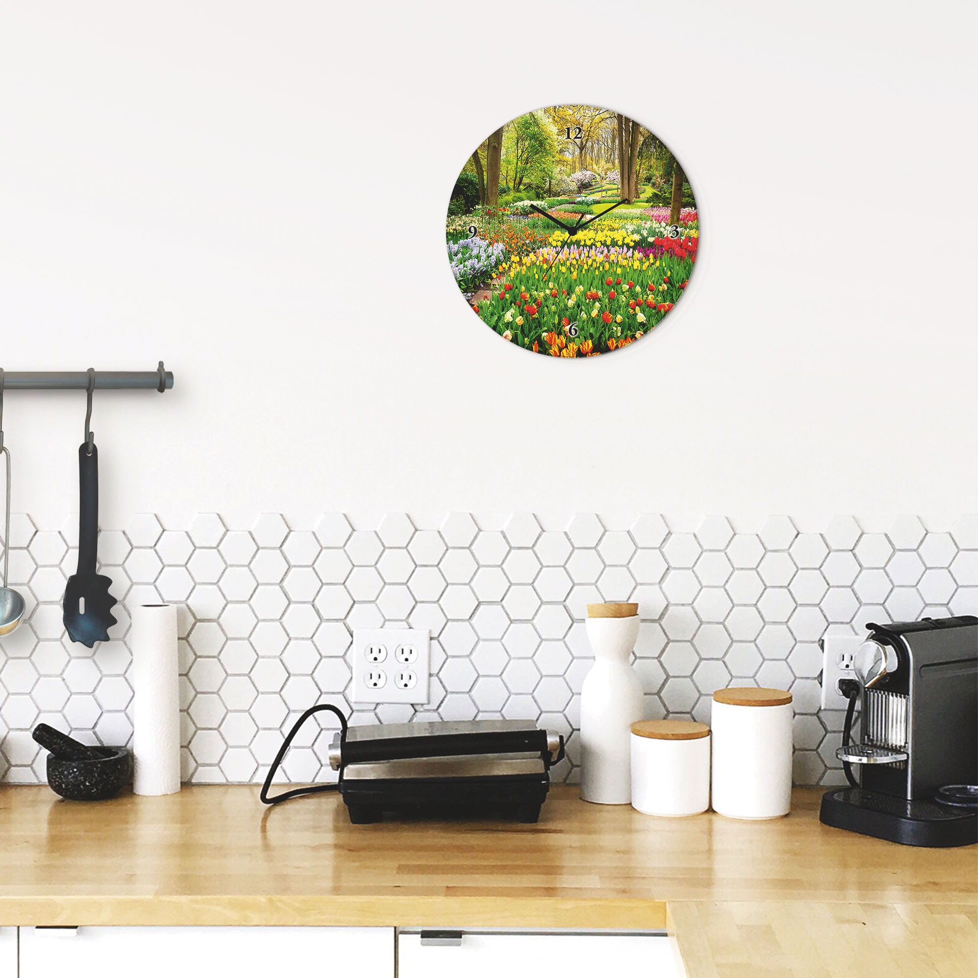 Artland Horloge murale »Glasuhr rund Tulpen Garten Frühling« wahlweise mit Quarz- oder Funkuhrwerk, lautlos ohne Tickgeräusche