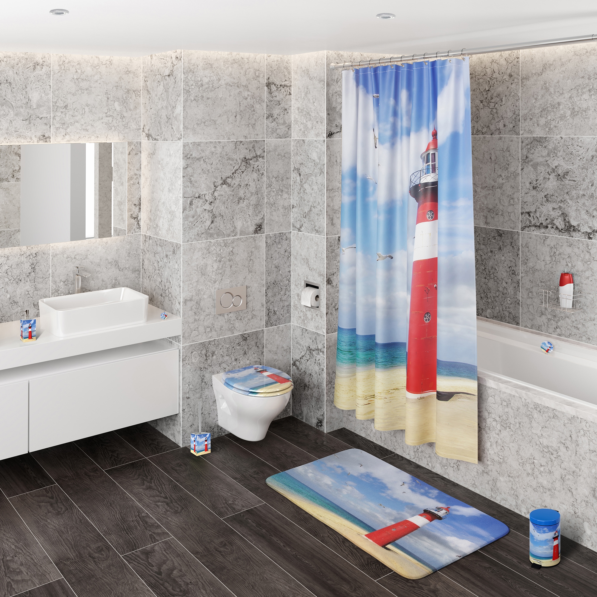 Sanilo Set d'accessoires de salle de bain »Leuchtturm« bestehend aus WC-Sitz, Badteppich und Waschbeckenstöpsel