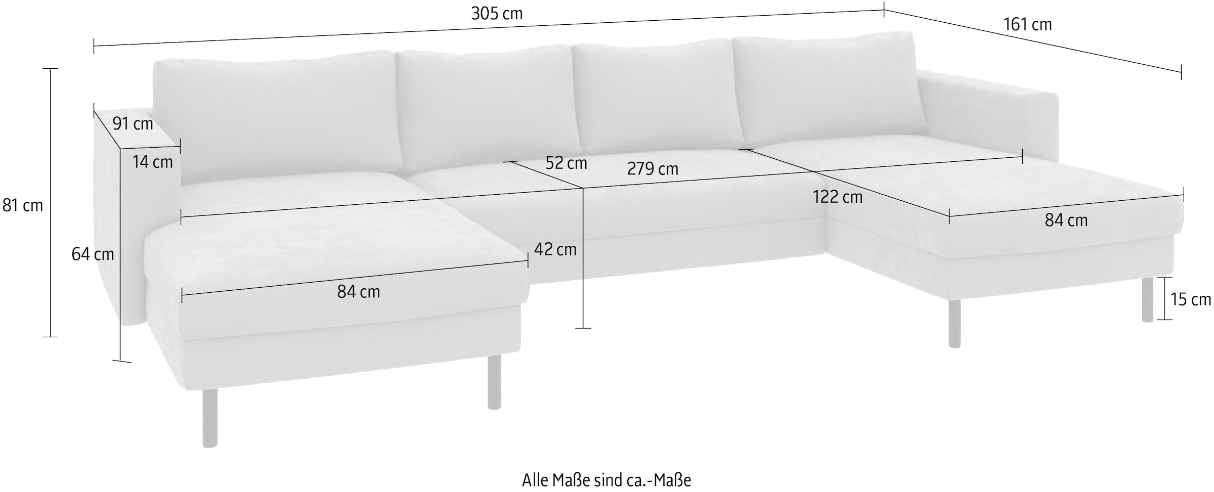 TRENDMANUFAKTUR Wohnlandschaft »Amazing II, wahlw. mit Schlaffunktion & Bettkasten, Fuss schwarz« Sofa in U-Form, in Cord, Struktur LEO o. Struktur LINO, Breite 305 cm