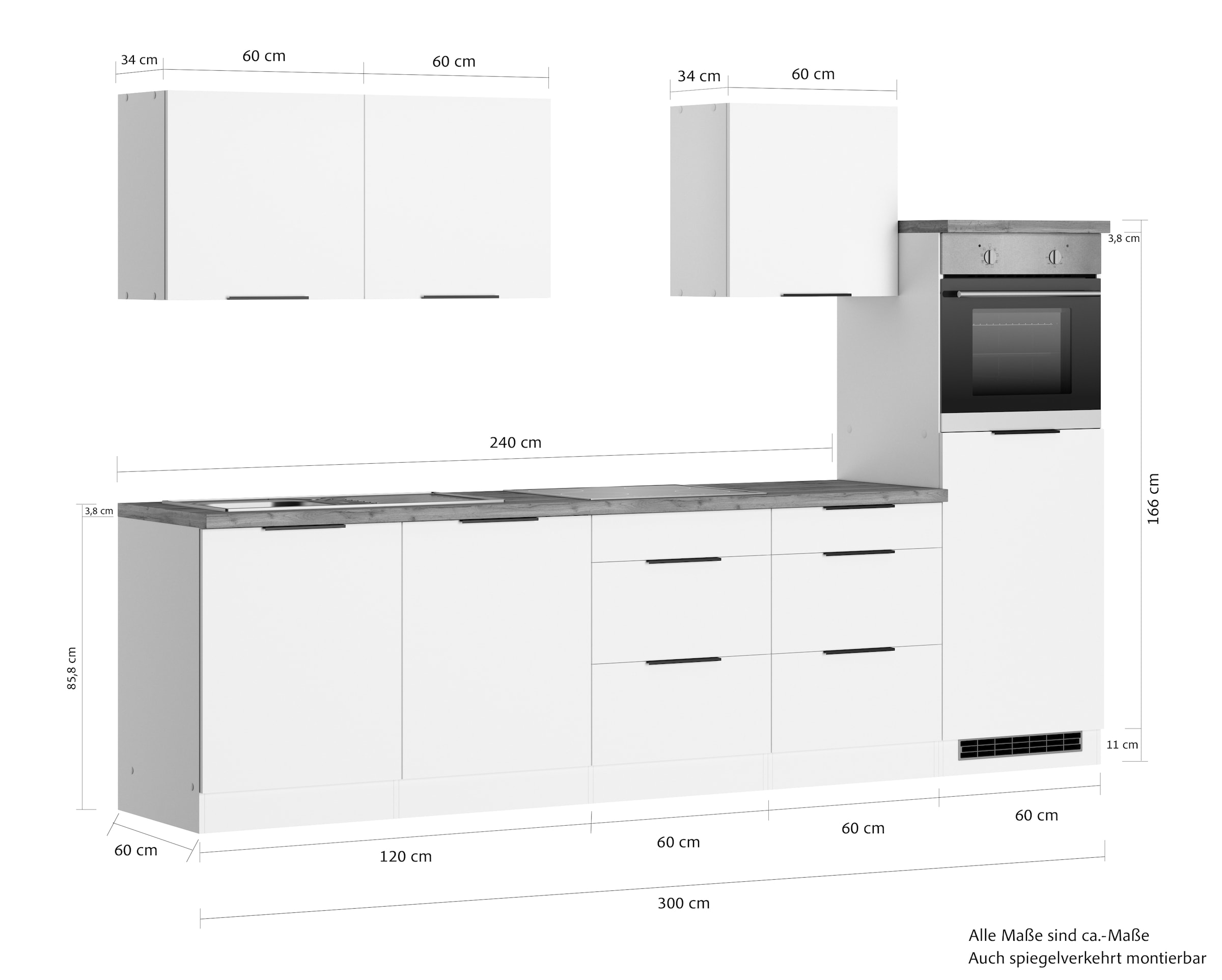KOCHSTATION Kitchenette »KS-Lagos2, Küche Komplettset, Breite 300cm« au choix avec appareils électriques, avec plan de travail épais de 38mm