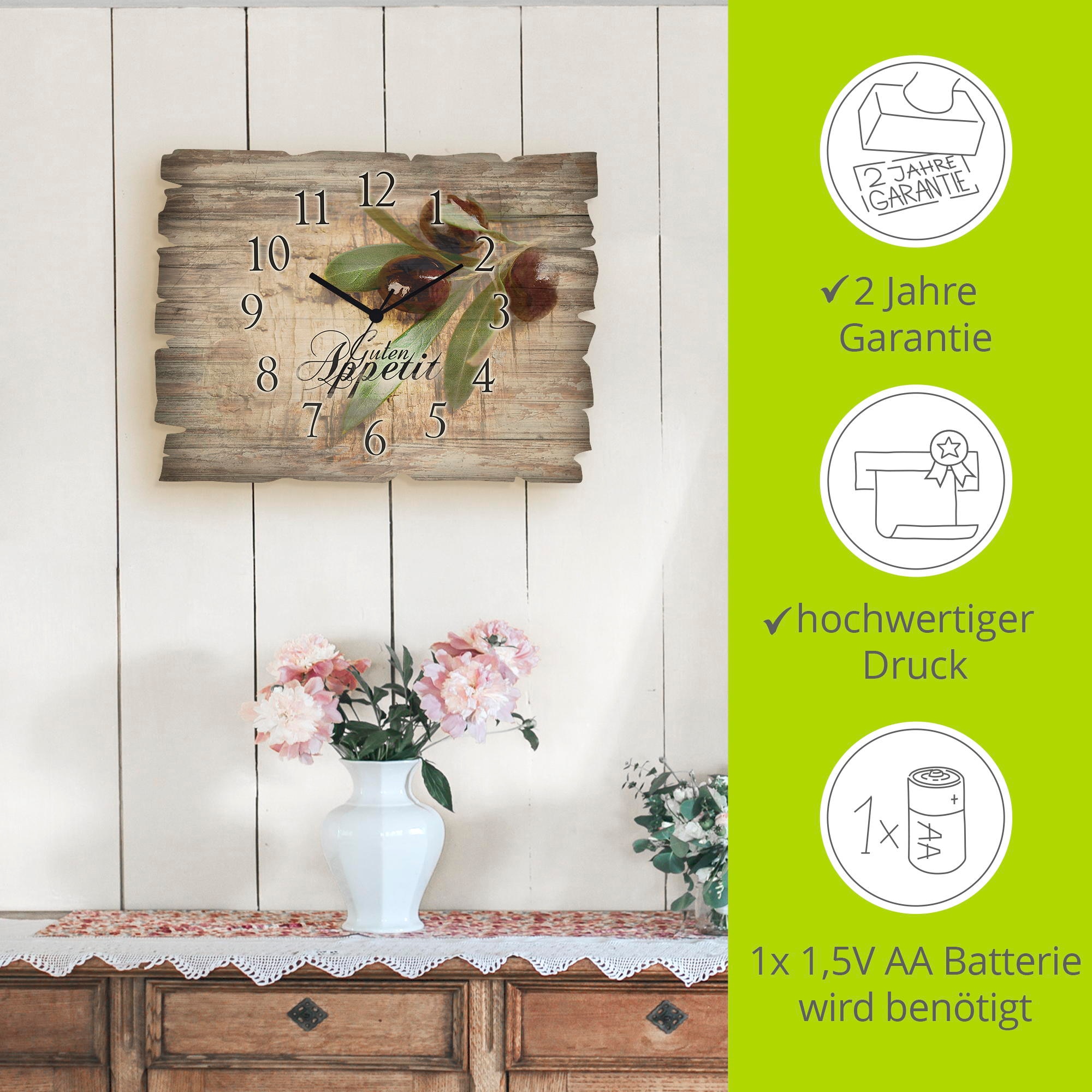 Artland Horloge murale »Oliven Guten Appetit« wahlweise mit Quarz- oder Funkuhrwerk, lautlos ohne Tickgeräusche