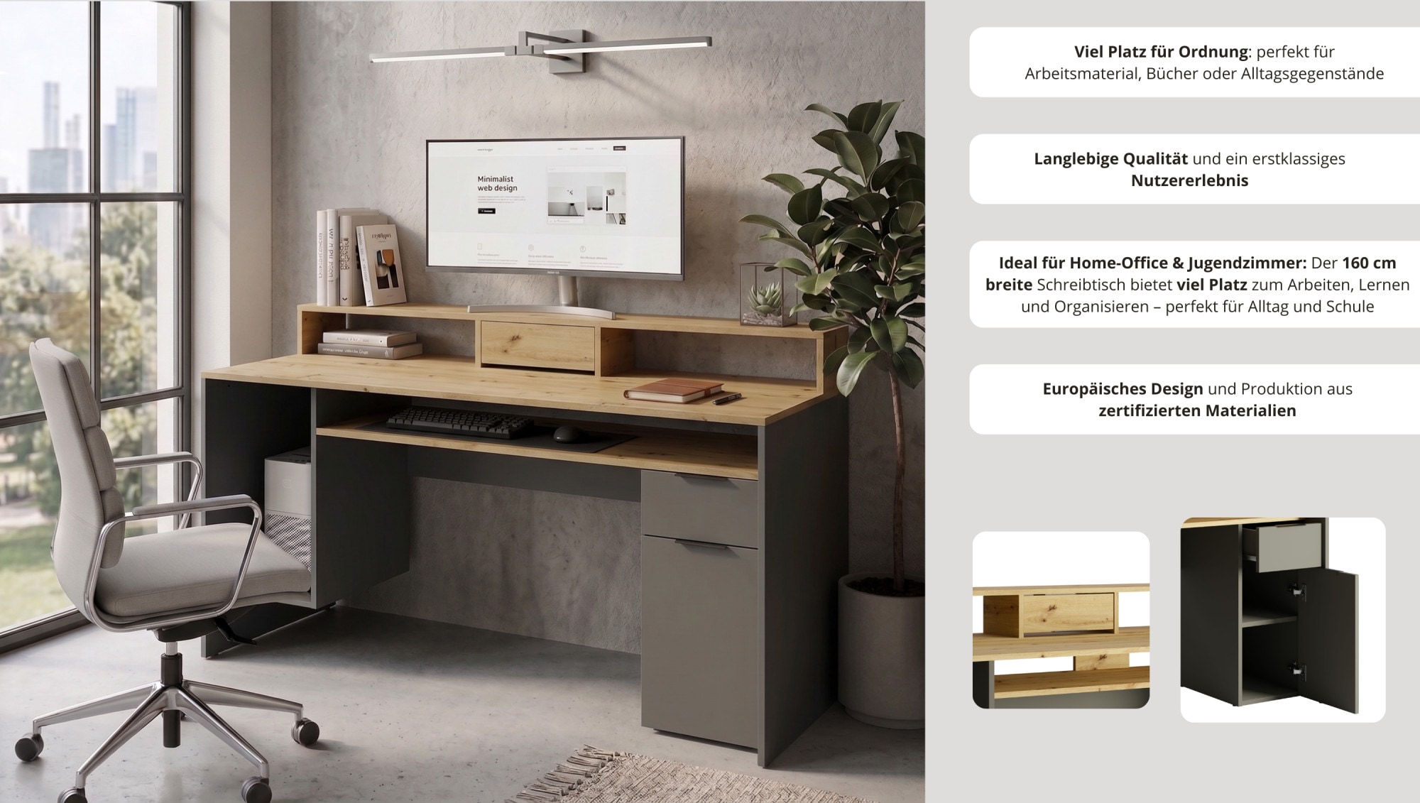 GOODproduct Schreibtisch »Peooria Computertisch mit Monitoraufsatz & Towerfach, viel Stauraum« Büroschreibtisch, Gamingtisch mit Schublade, modern, Breite 160 cm