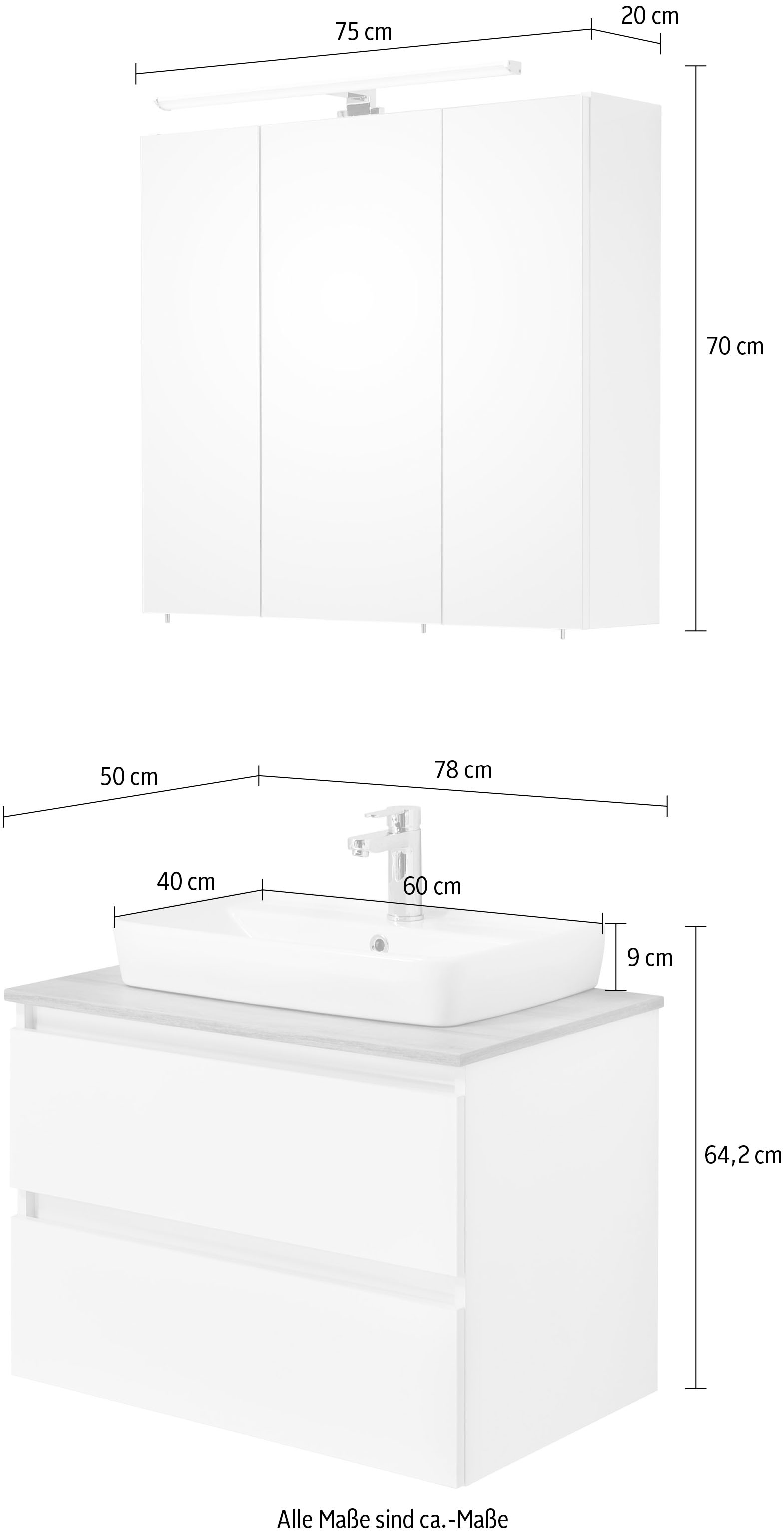 Saphir Ensemble de meubles de salle de bain »Quickset 360 2-teilig, Keramik-Aufsatzbecken mit LED-Spiegelschrank« 2 cuis tlg.
