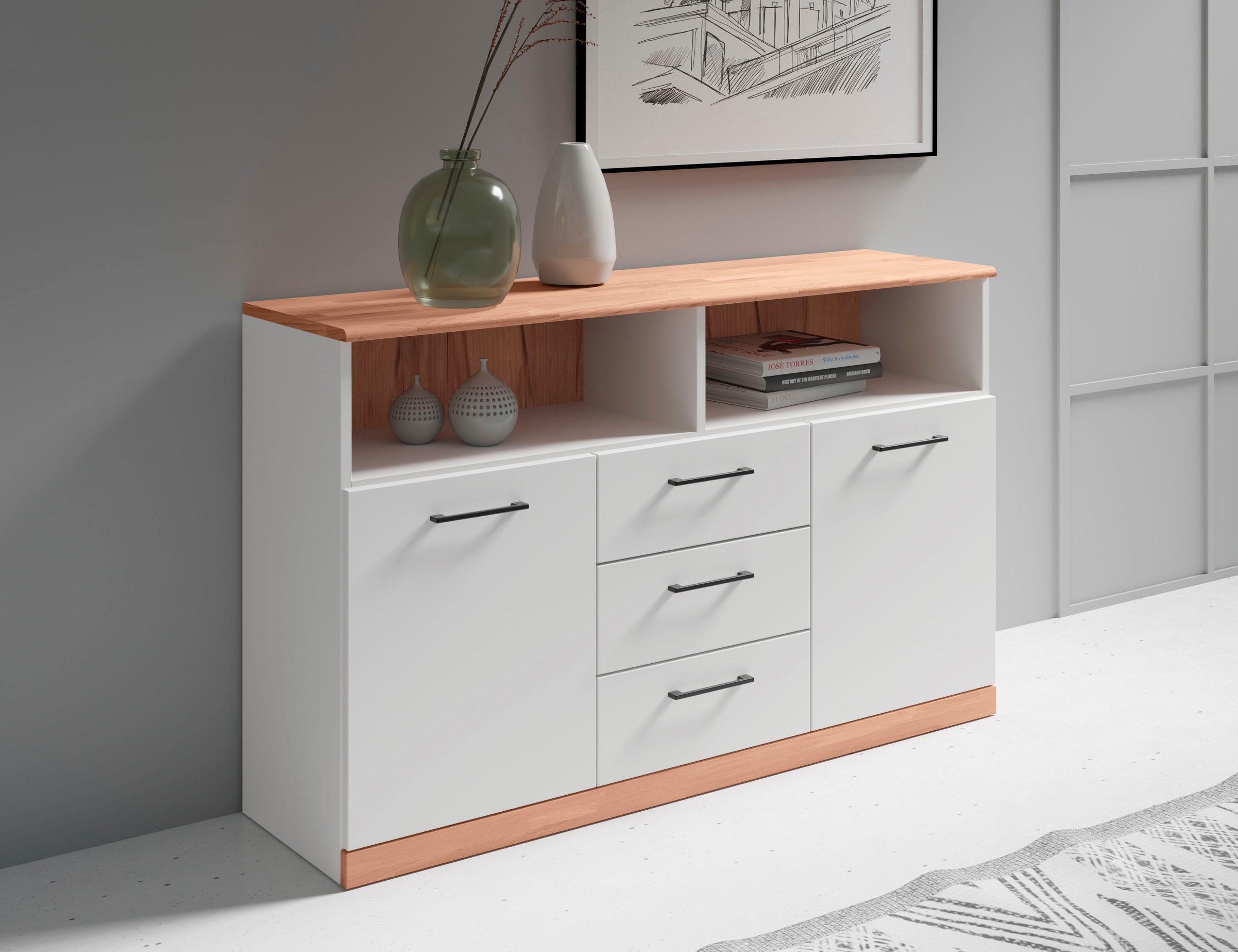 GOODproduct Sideboard »Ribe,130cm breit,80cm hoch,Oberplatte Holz massiv,6 Fächer« Oberplatte Kernbuche massiv,schwarze Metall Griffe