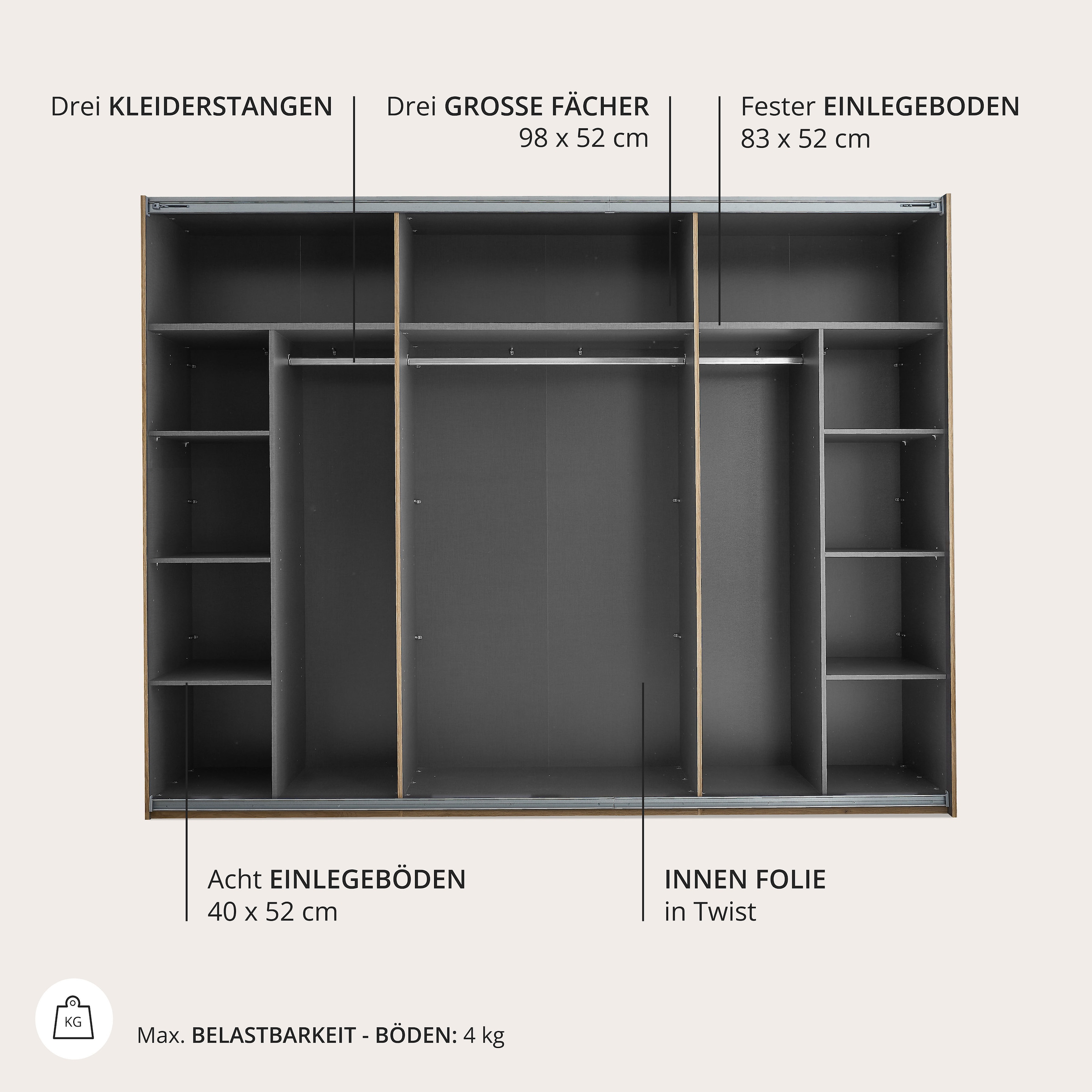 Schlafkontor Schwebetürenschrank »Mesio, 2-türiger Kleiderschrank, Schiebetürenschrank mit viel Stauraum« inklusive Hoteleinteilungen aussen und Einlegeböden oben