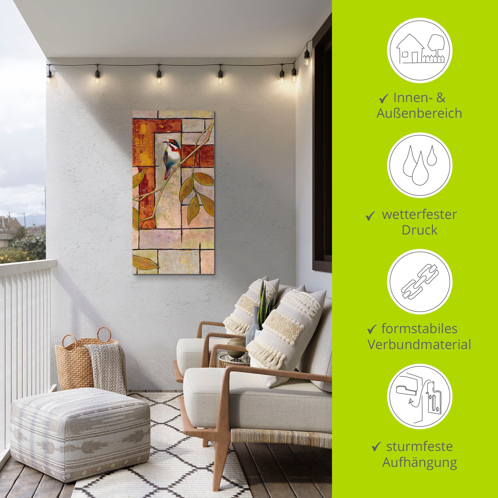 Artland Alu-Dibond-Druck »Vogel auf einem Ast II« Vögel 1 Stk. tlg. für Innen- und Aussenbereich geeignet, Outdoorbild