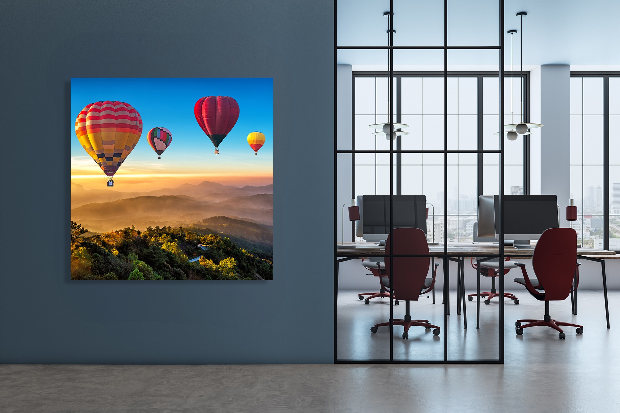 queence Tableau mural XXL »Akustikbild Landschaft mit Heissluftballons« Ciel | Images de ciel | Montgolfière | Paysage | Vol en montgolfière 1 cuis tlg. Solution acoustique simple sans travaux, isolation phonique, panneaux