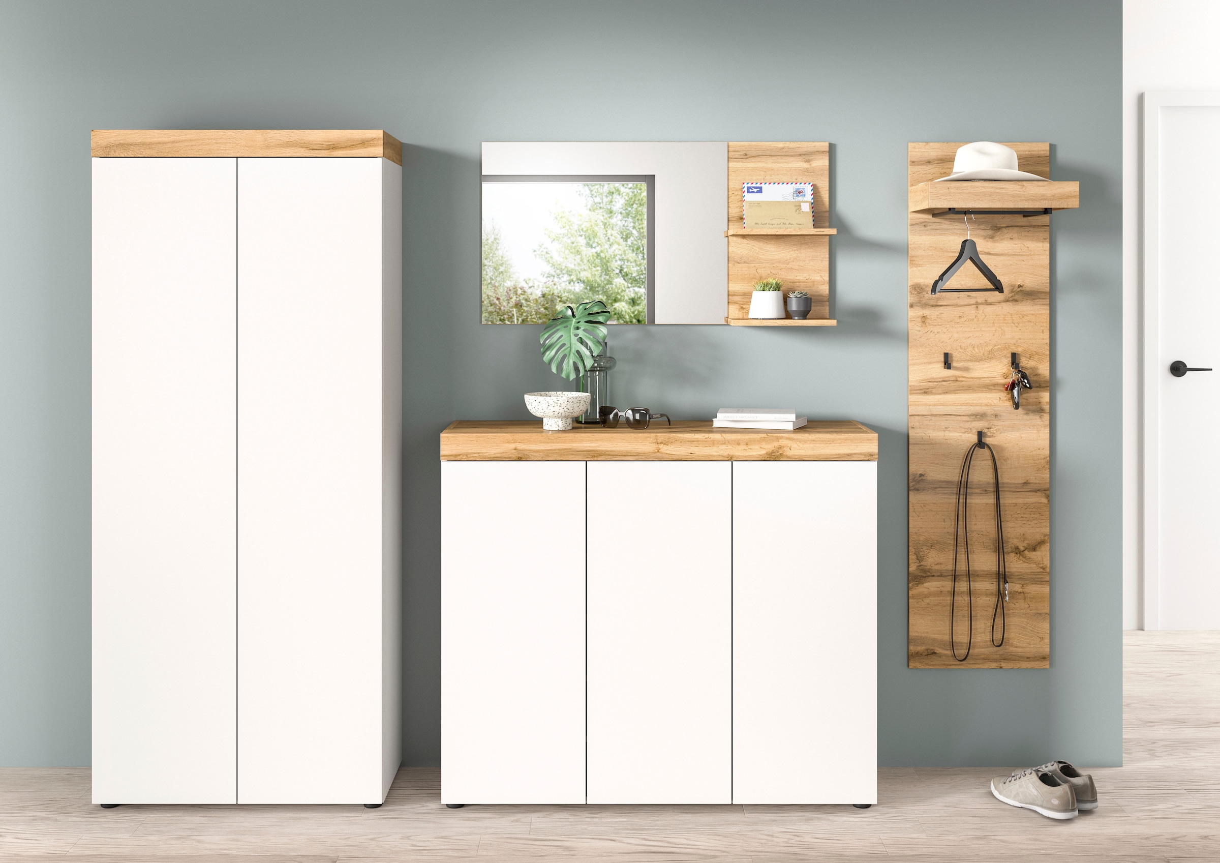 GOODproduct Garderoben-Set »MAMBO, 4-teilige Kombination, stehend & hängend montierbar« bestehend aus: Garderobenschrank, Kommode, Spiegel, Garderobenpaneel, 4 Stk. tlg.