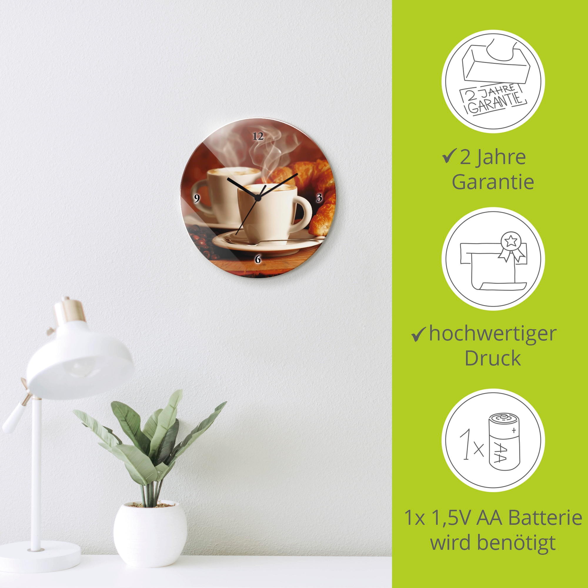 Artland Wanduhr »Dampfender Cappuccino und Croissant« wahlweise mit Quarz- oder Funkuhrwerk, lautlos ohne Tickgeräusche