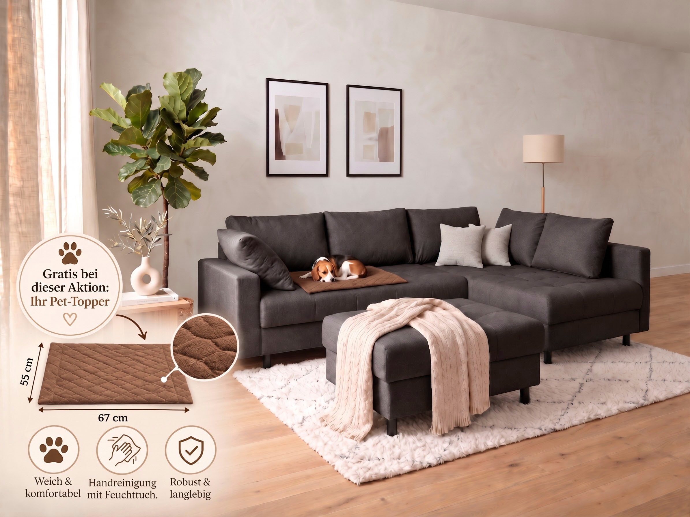 COLLECTION AB Ecksofa »Toni XL L-Form B: 274 cm Set inkl. Hocker, AKTION mit Pet Topper« Set: Sofa & Hocker, 2 Zierkissen, Bonell-Federkern