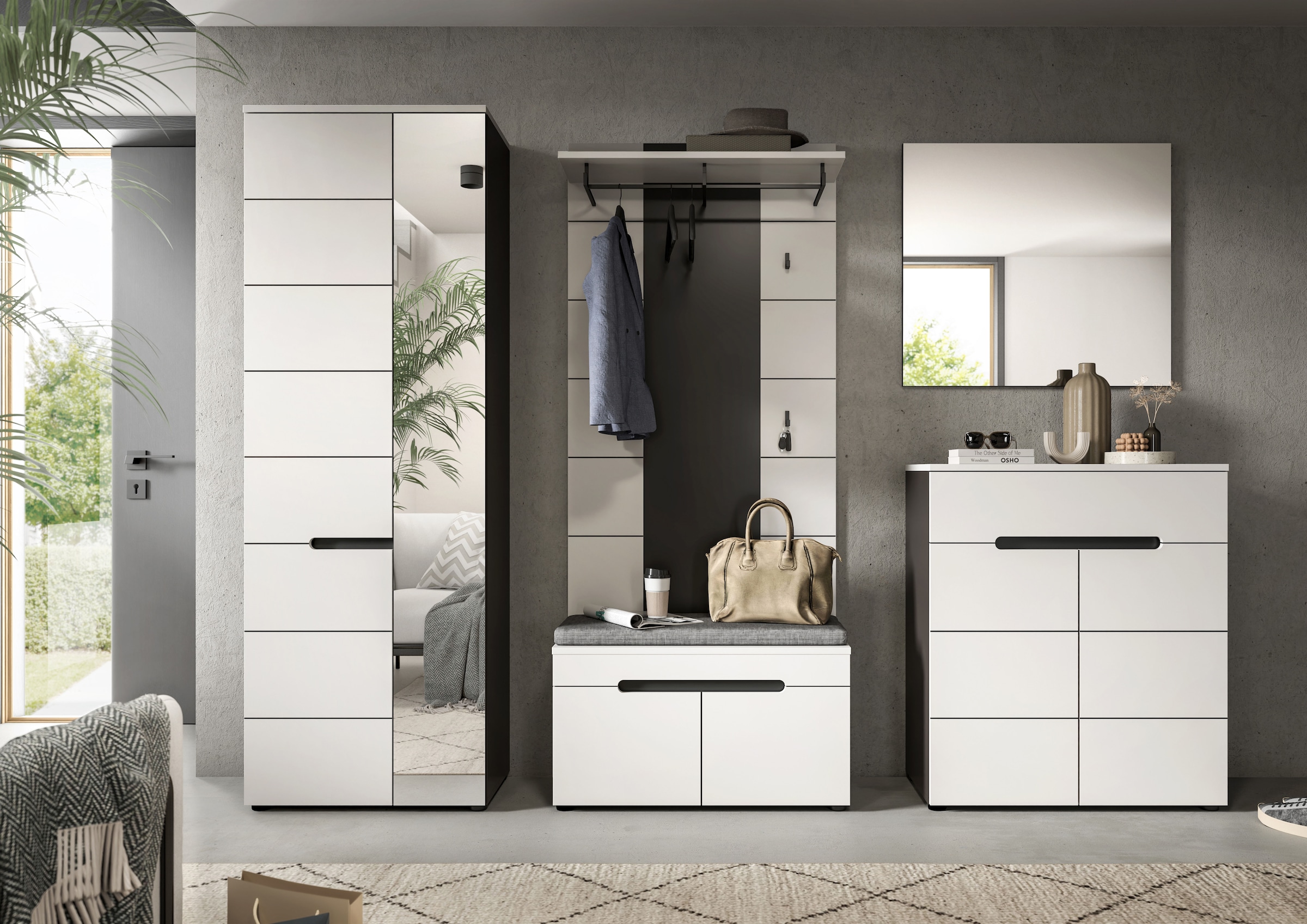 Home affaire Garderoben-Set »REHAT, TOPSELLER!, 5-teilig, Breite 255 cm, individuell erweiterbar« Set, bestehend aus: Schrank, Sitzbank, Sitzkissen, Paneel, Spiegel, Kommode, 6 Stk. tlg.