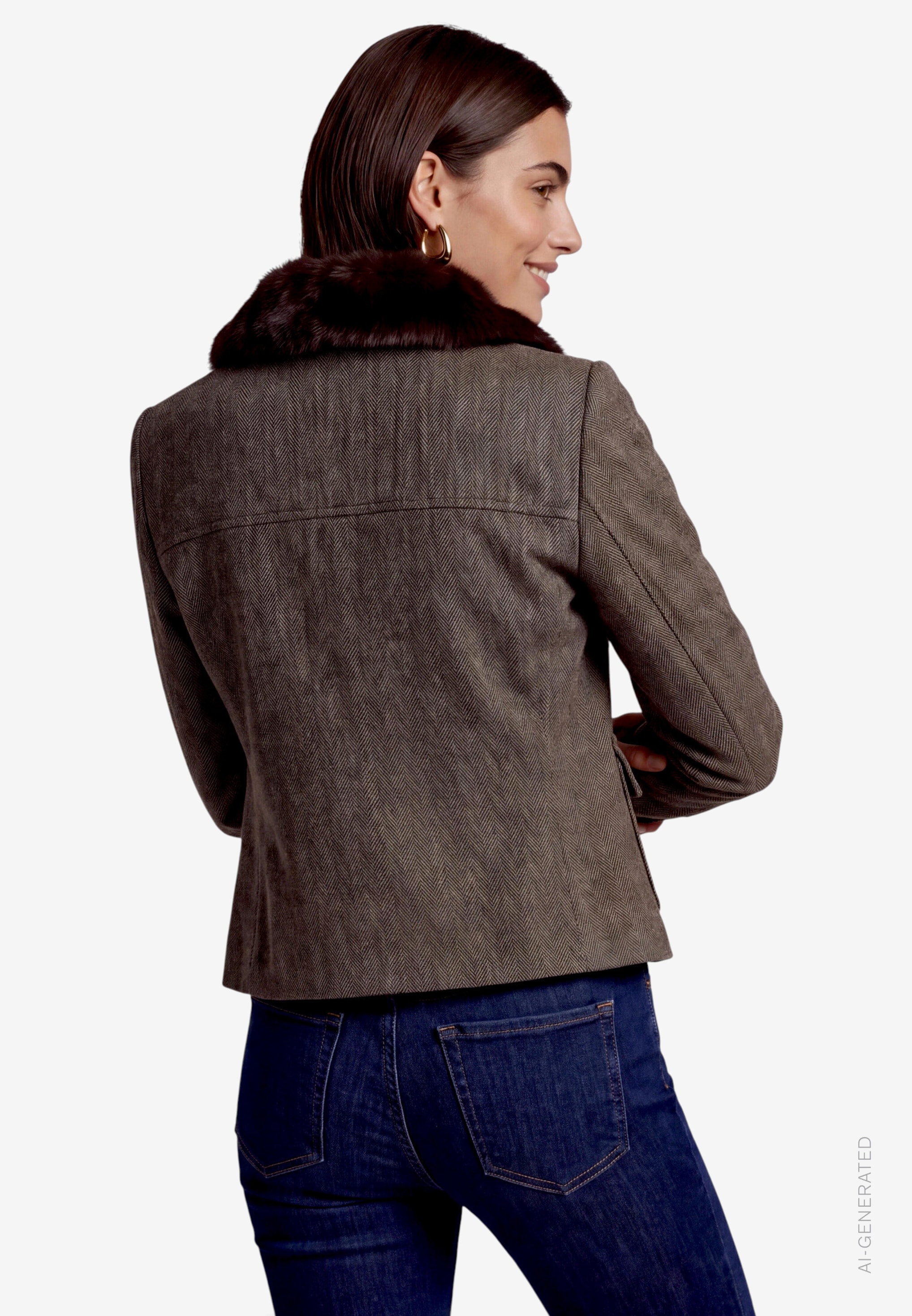 Zero Blazer court Übergangsjacke mit Kunstfellkragen / Fischgratmuster