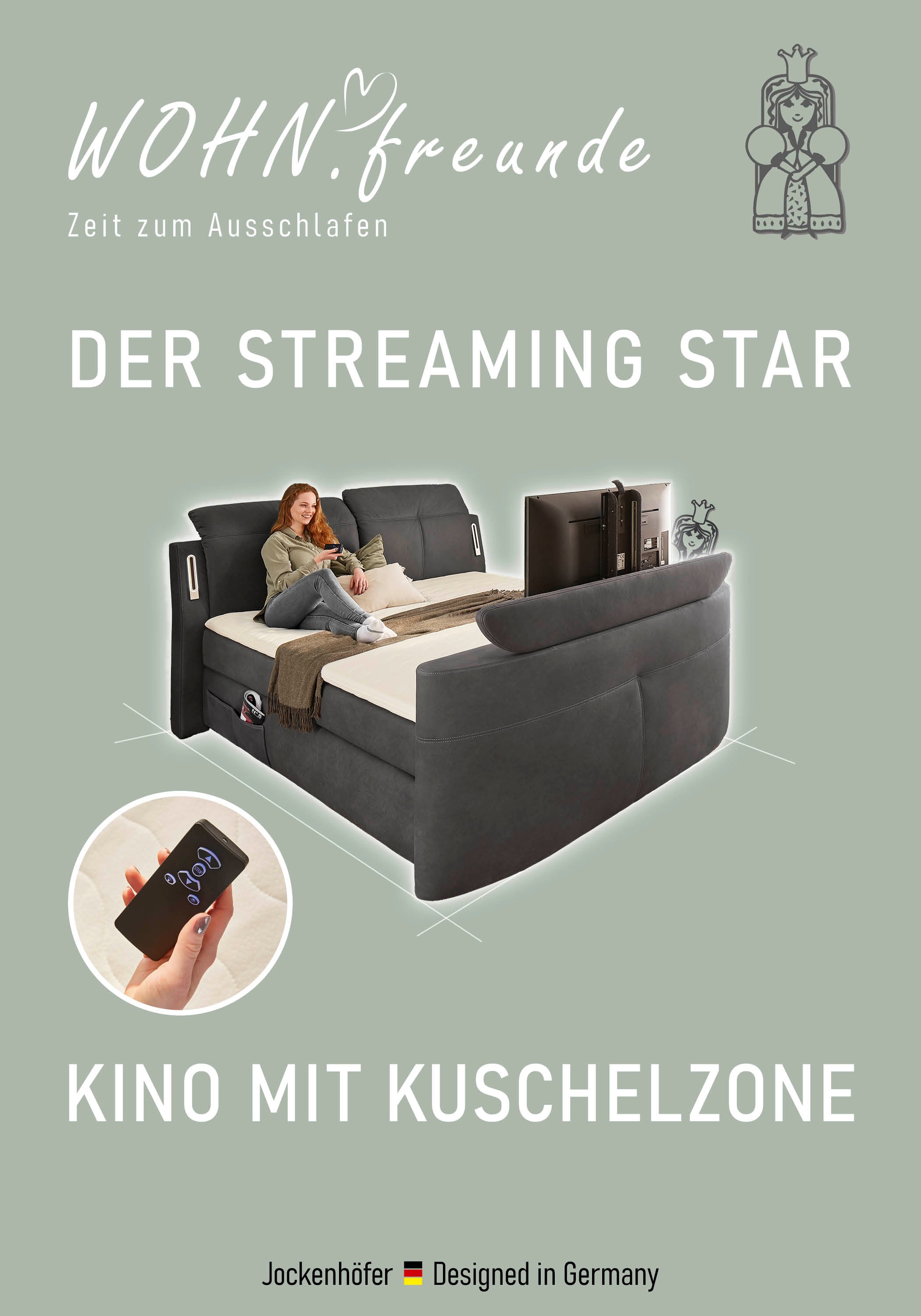 Jockenhöfer Gruppe Lit boxspring »MOVIESTAR, mit Taschenfederkernmatratze H3-H4, inkl. LED-Beleuchtung« revêtement en tissu structuré ou en microfibre au choix, 180x200cm