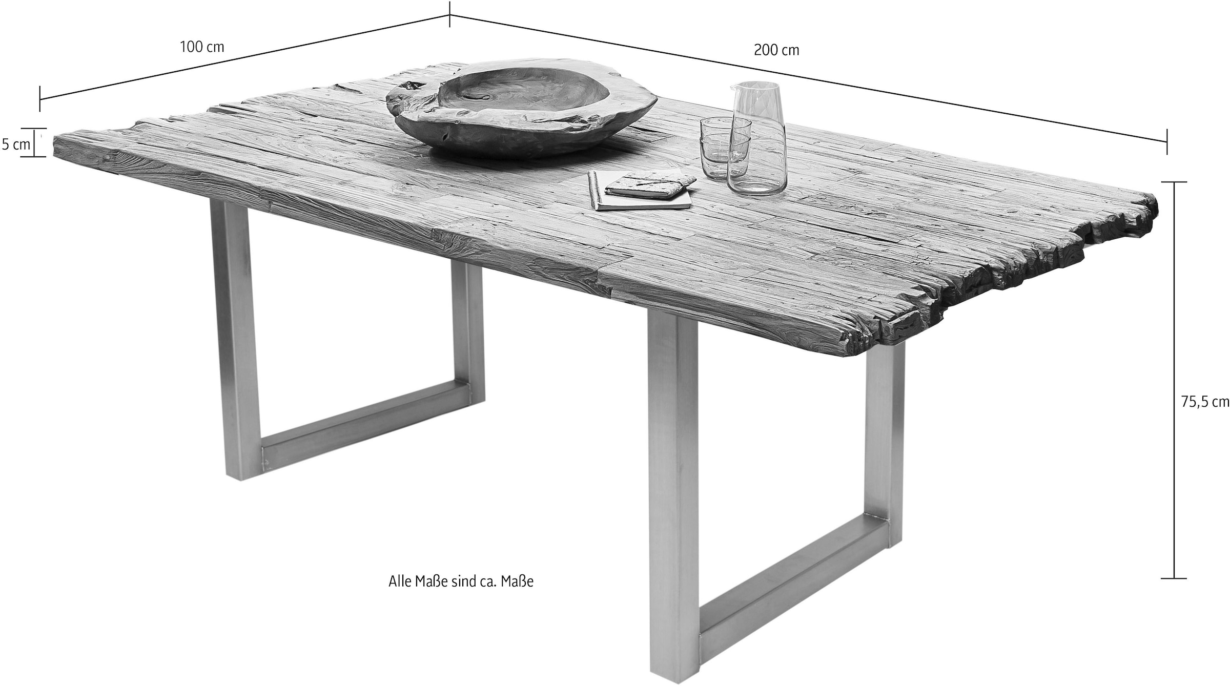 SIT Esstisch »Akron aus recyceltem Teak mit Bruchkante & Metall-Kufengestell« 50 mm starke Teakholzplatte mit markanter Bruchkante