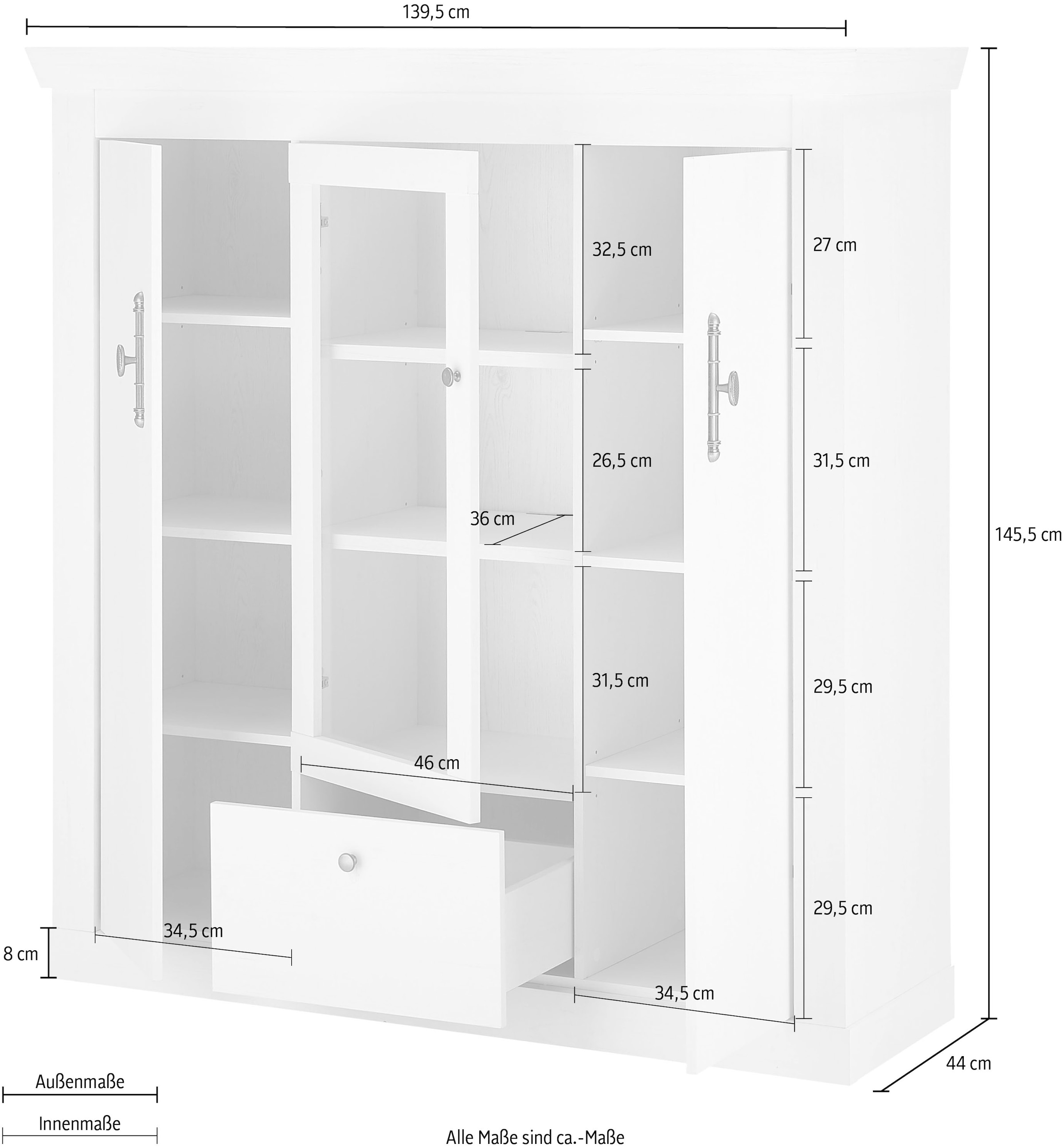 Home affaire Buffet haut »RAVENNA« im romantischen Landhausstil, Griffe aus Metall, Höhe 146 cm