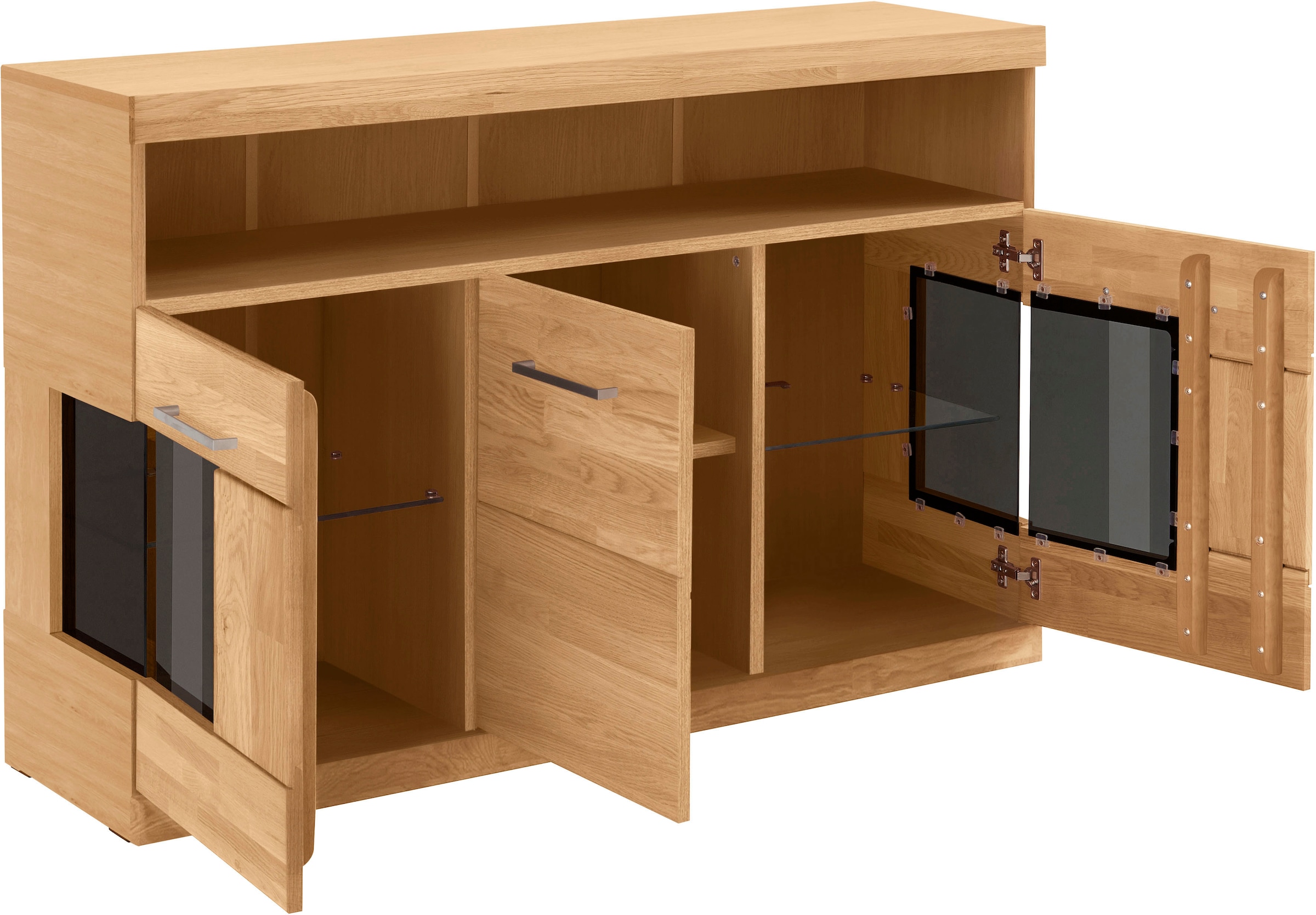 GOODproduct Sideboard »Ribe,130cm breit,Fronten Massivholz,2Türen mit gehärtetem Glaseinsatz« Korpus aus Holzwerkstoff, Metall Griffe,7 Fächer, Böden versetzbar