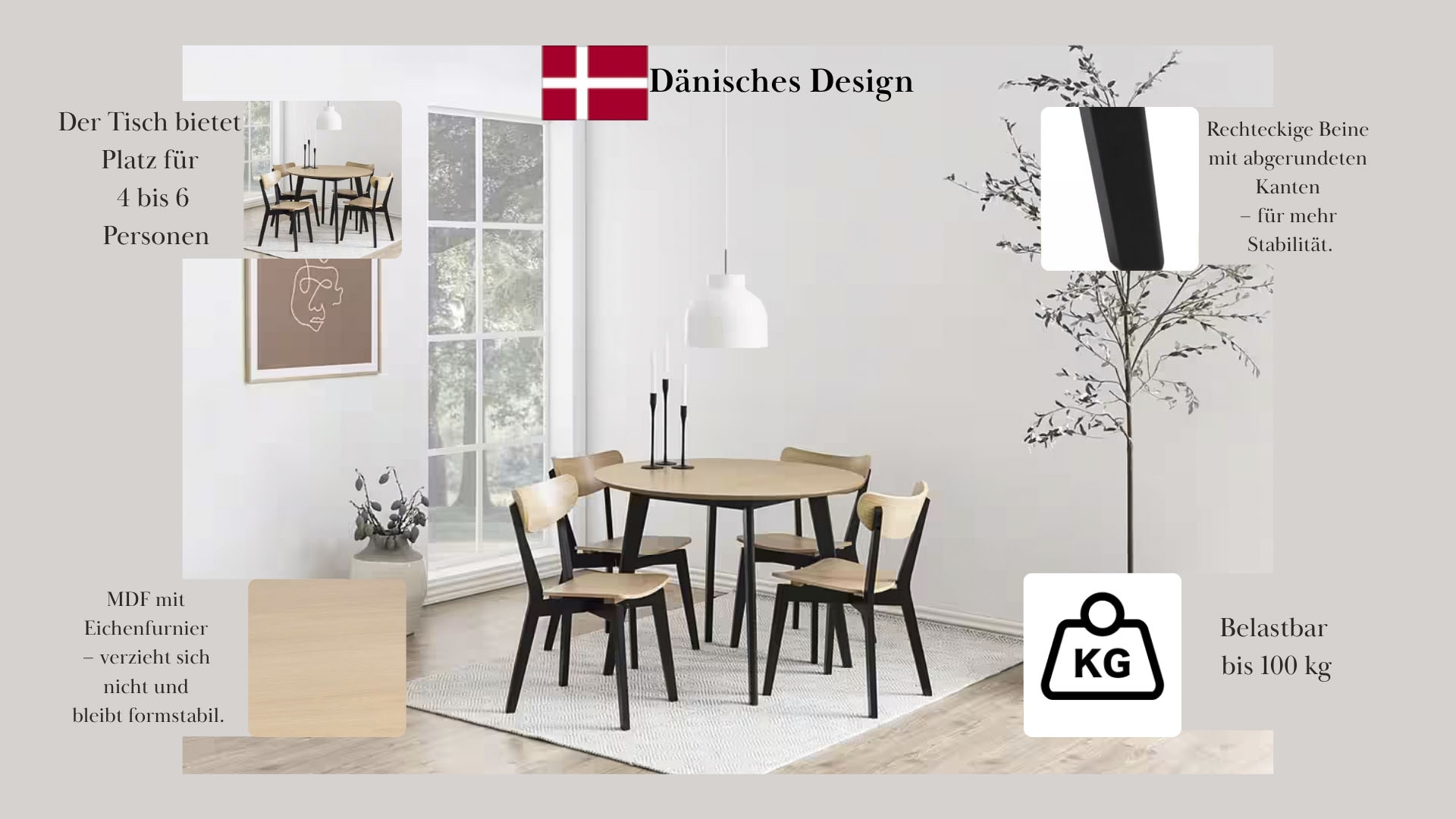 ACTONA GROUP Table de salle à manger »Roxby rund Ø105 – kompakt, robust & pflegeleicht, zeitloses Design« Table de cuisine, OTTOs Choice, 1 cuis tlg. table à manger ronde Roxby, avec placage chêne Ø 105 cm