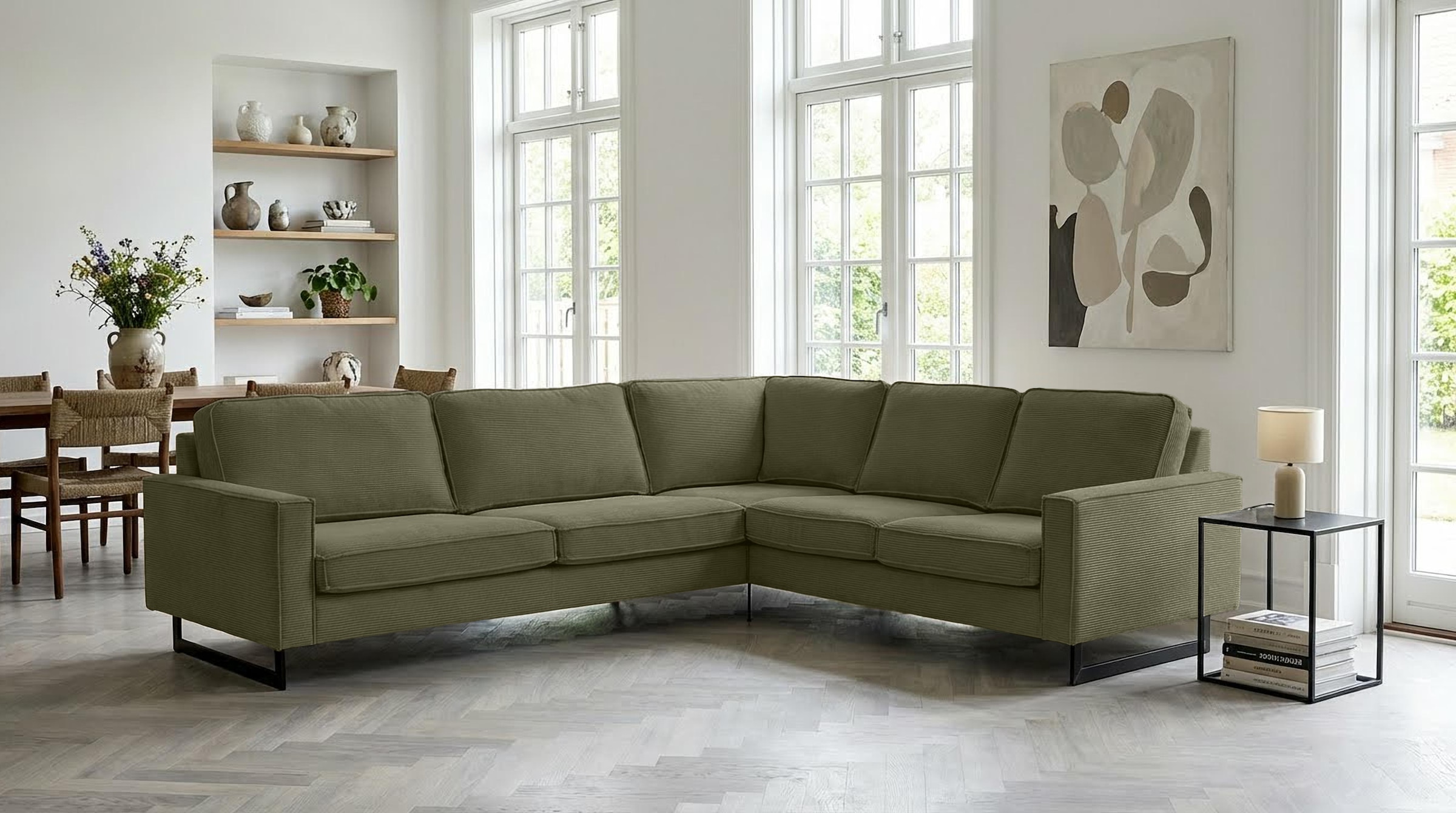Home affaire Canapé d'angle »Pinto, XXL, 250/290 cm, langer Schenkel, Ottomane« Cord, Chenille, Lederoptik, mit Keder, Metallfüsse, Wellenunterfederung
