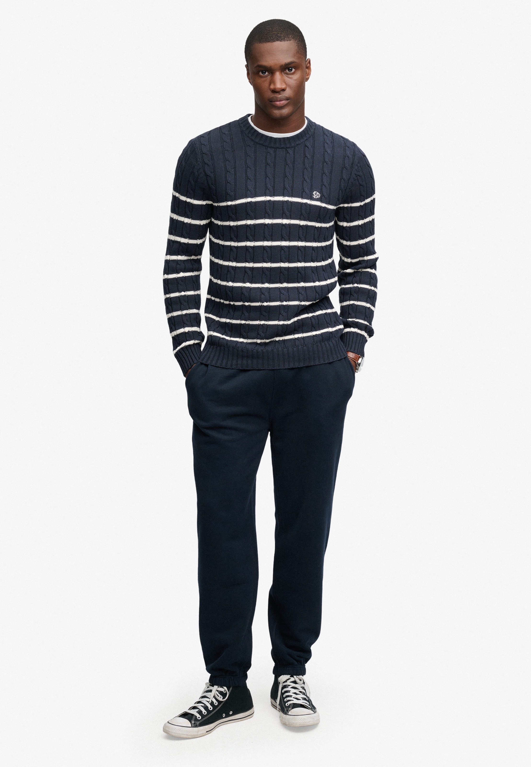 Superdry Pull à col rond »COTTON STRIPE CABLE JUMPER« Baumwolle, slim fit
