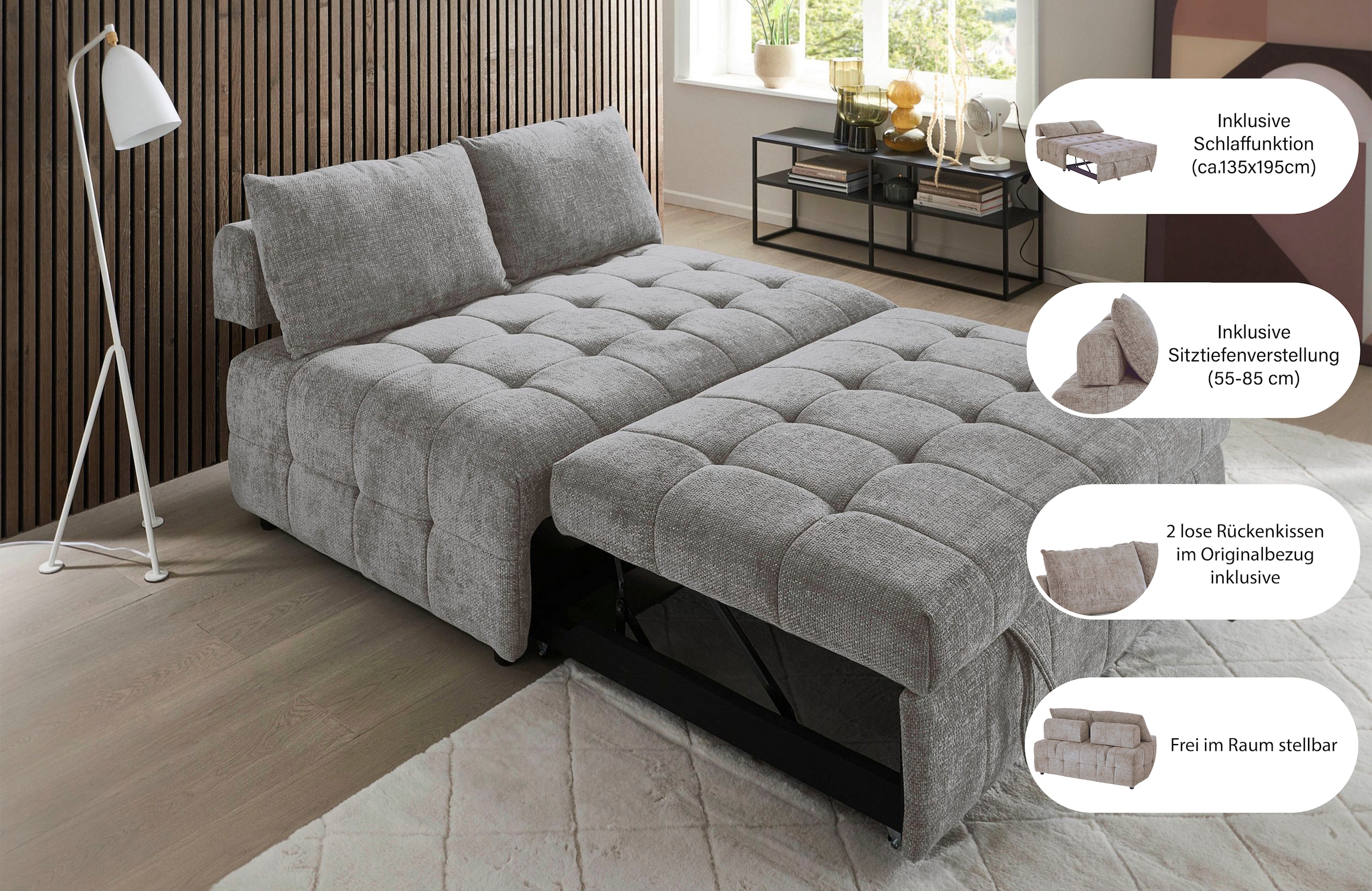 ATLANTIC home collection Schlafsofa »Kuno, B:140cm« 2-Sitzer Schlafsofa mit Sitztiefenverstellung (2x)
