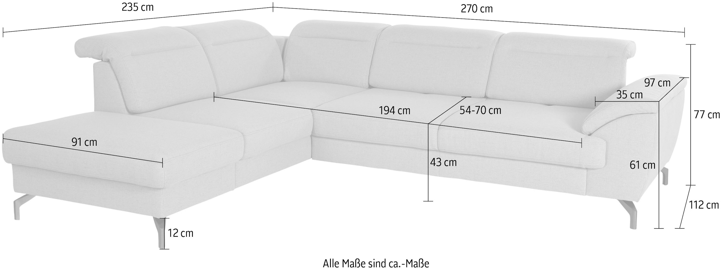 sit&more Canapé d'angle »Percy L-Form« 12 cm Fusshöhe, Sitztiefenverstellung, wahlweise in 2 Fussfarben