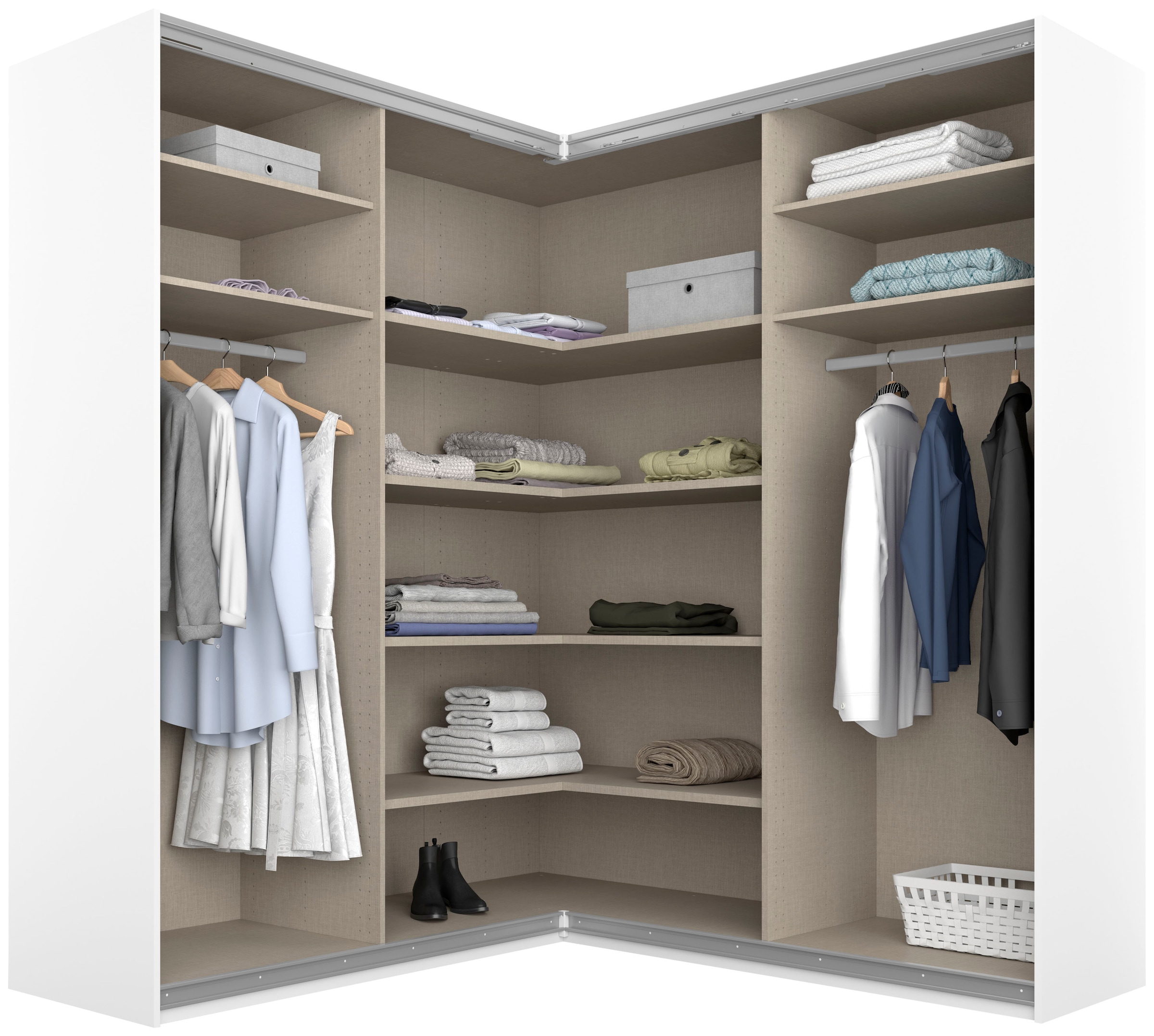 rauch Schwebetürenschrank »Schrank Garderobe Eckkleiderschrank QUADRA Front in Dekor/Hochglanz« in den Höhen 210/229 cm, inkl. Soft-Close-Funktion,  grosser Eckschrank mit viel Stauraum, Mass 181x187 cm MADE IN GERMANY