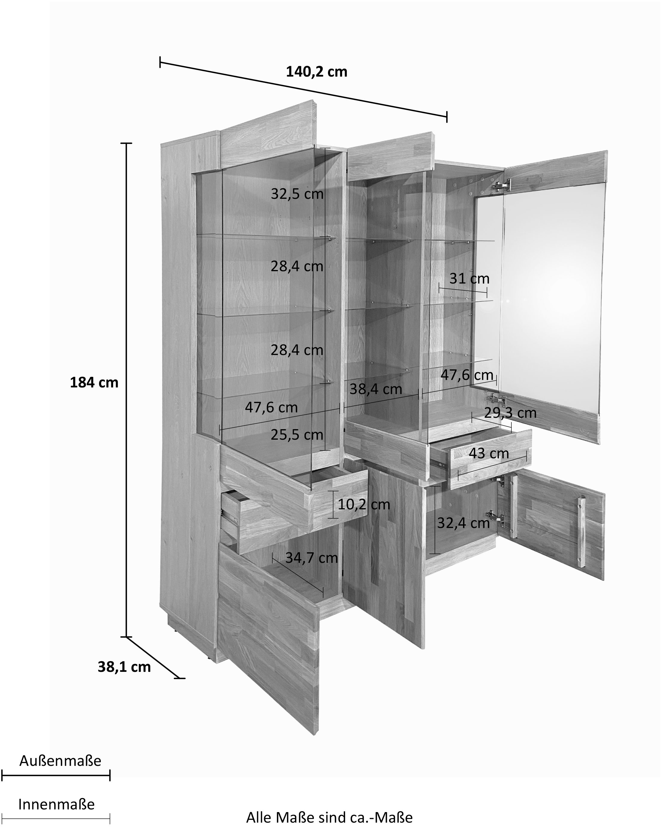 Home affaire Vitrine »Laima« Breite 140 cm, teilmassiv, mit Glastüren
