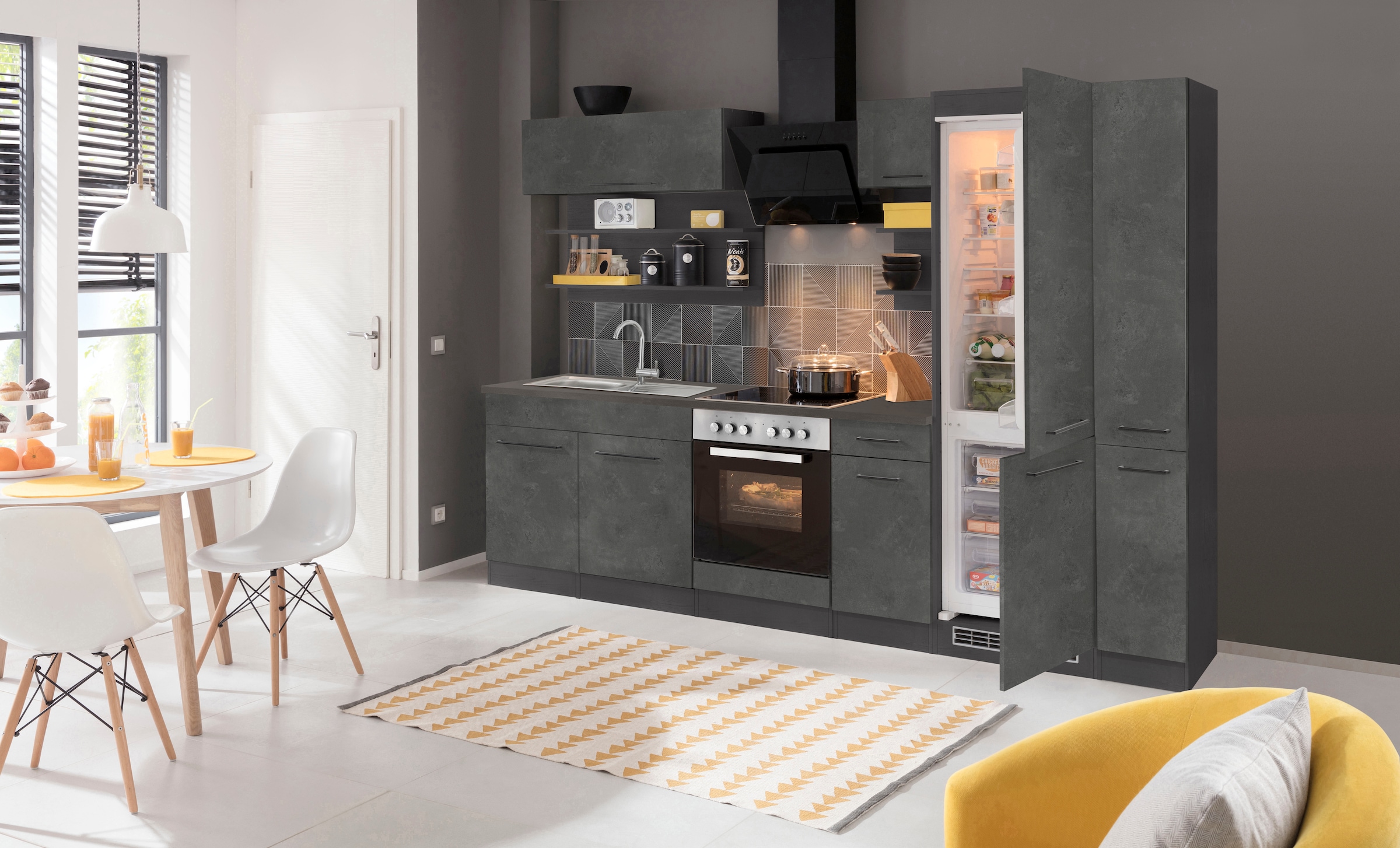 KOCHSTATION Küchenzeile »KS-Tulsa« ohne E-Geräte, Breite 300 cm, schwarze Metallgriffe, MDF Fronten