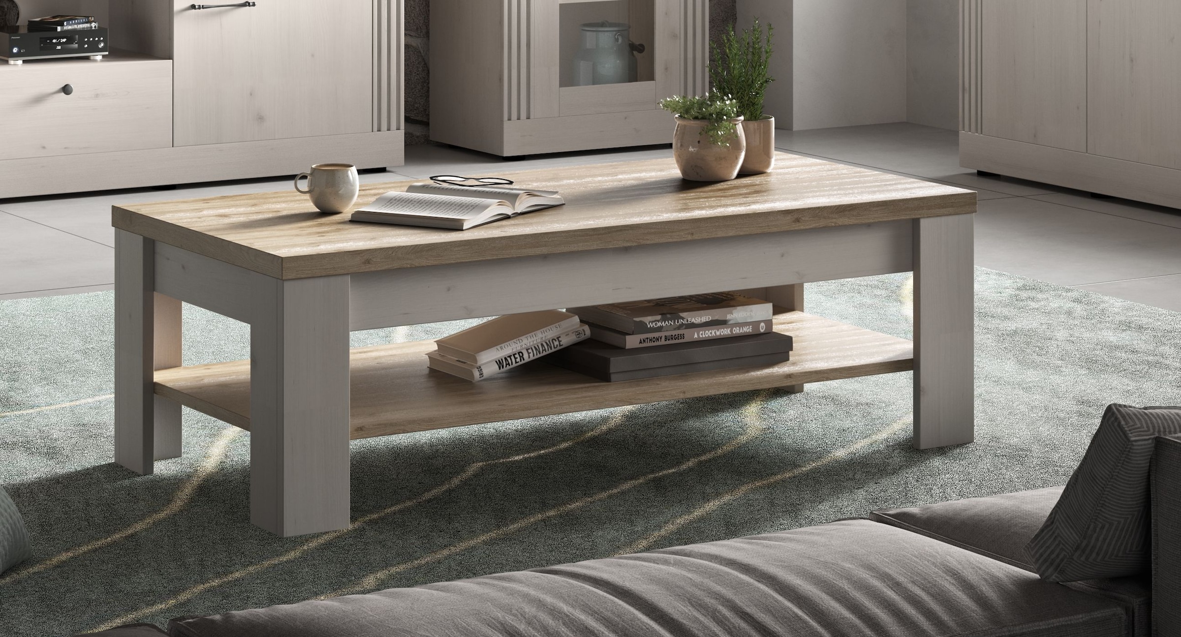 GOODproduct Table basse »Country 110 x 68 cm, Wohnzimmertisch mit Ablageboden,« Sofatisch, zweifarbig, rechteckig, Tischplattenstärke 38 mm