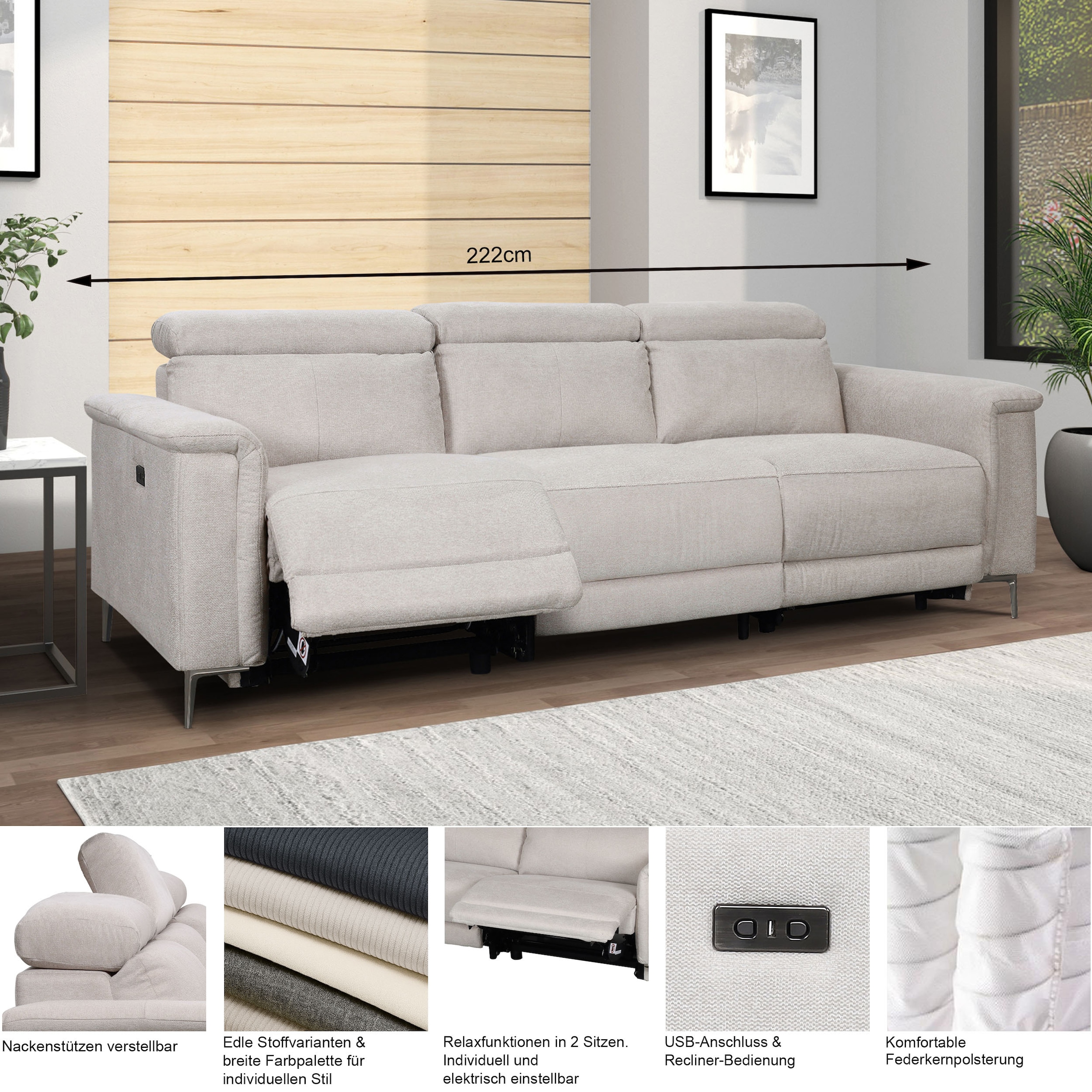 GOODproduct Canapé d'angle »LUND, L-Form, 261cm, man. o. elektr. Relaxfunktion (mit USB-A)« und Kopfteilverstellung