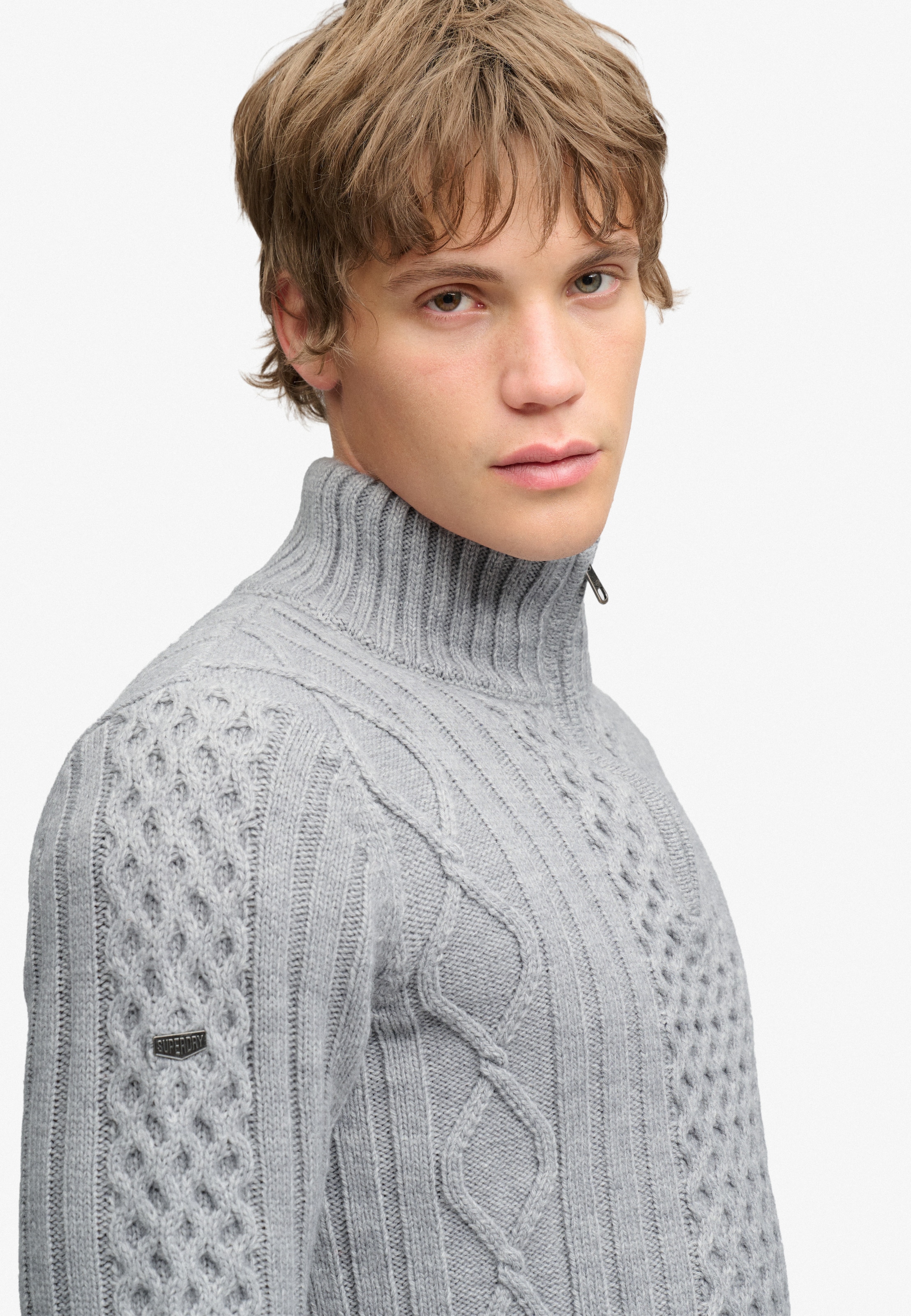Superdry Pull en tricot »JACOB CABLE HALF ZIP KNIT« Mélange de matières, coupe slim