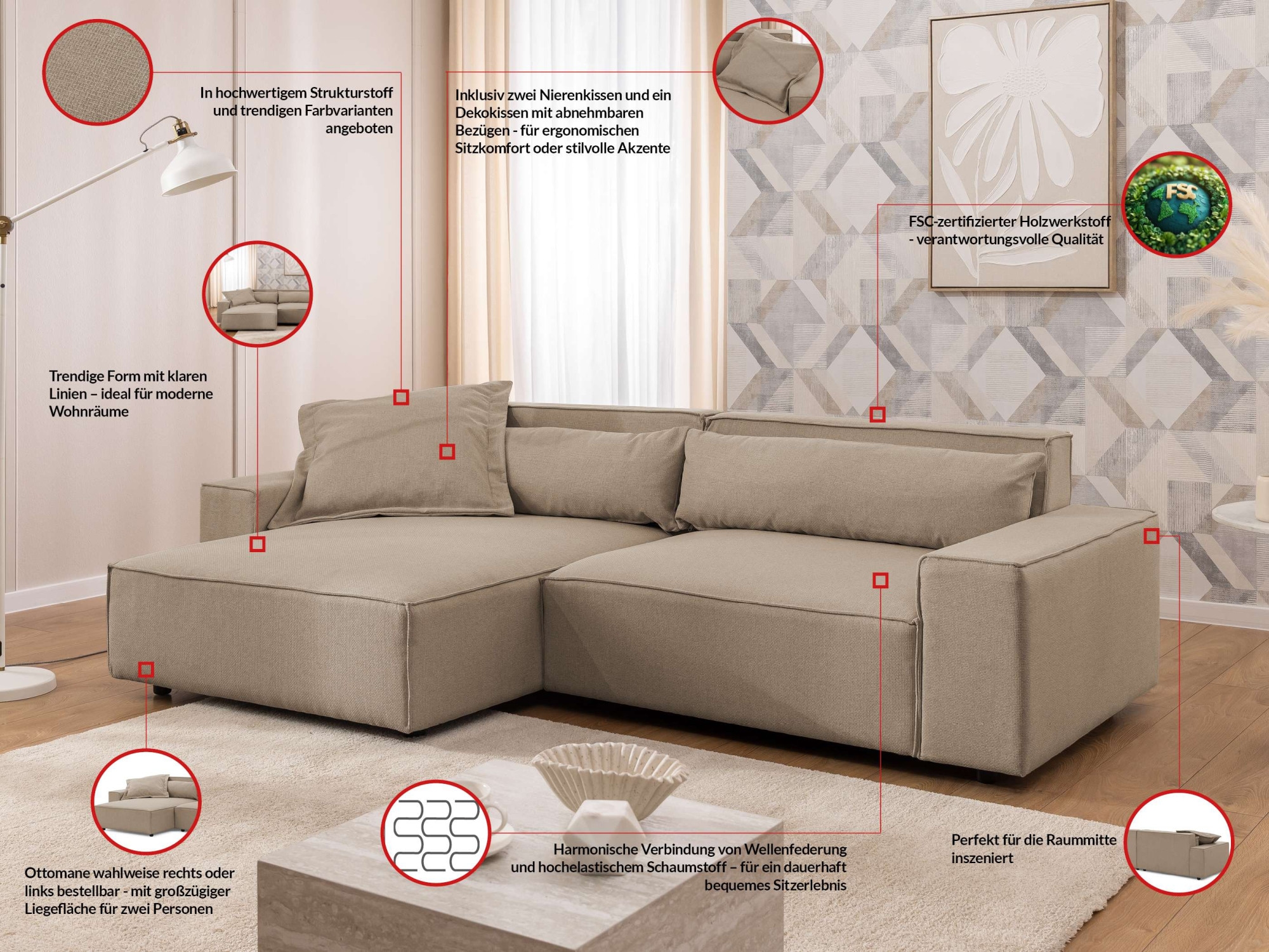 GOODproduct Canapé d'angle »KINLEE Design-Sofa mit Recamiere rechts/links, Masse B/T/H 251/144/70cm« L-Form mit Wellenunterfederung, ohne Bettfunktion, modern und beguem