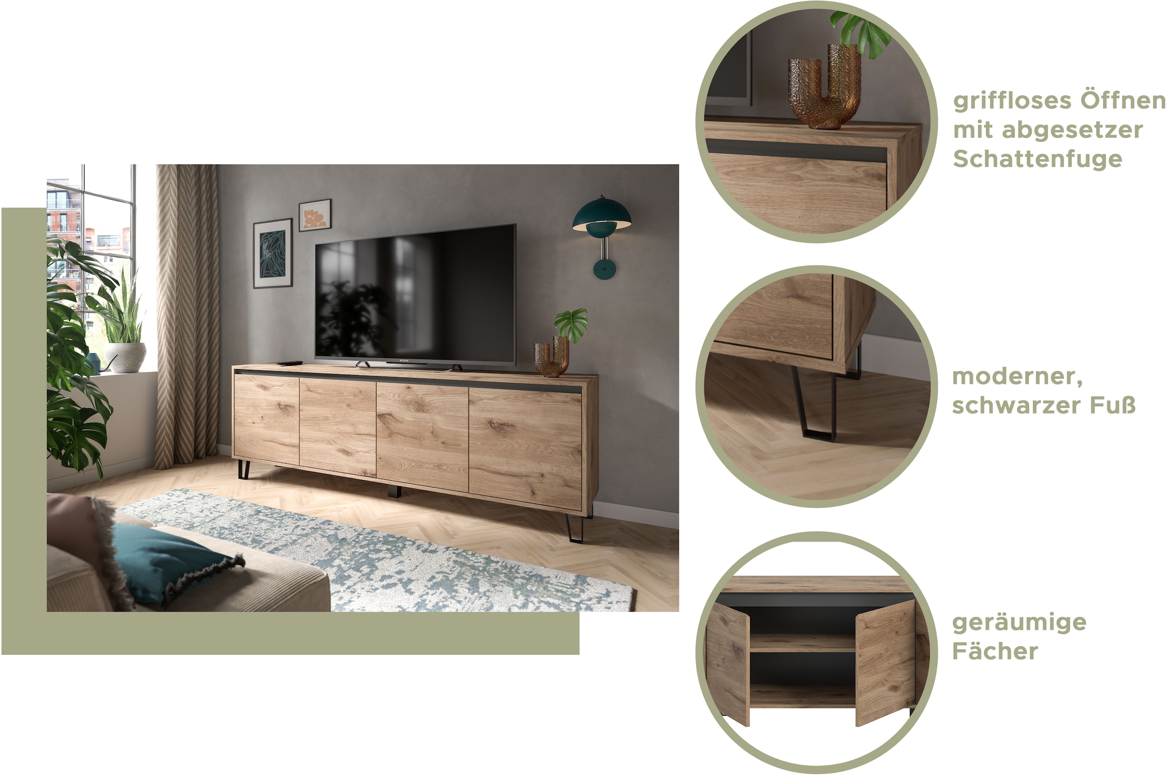 INOSIGN Lowboard »BALTIC, Breite 184cm, grifflose Fronten, Metall-Füsse,4 Türen, 4 Fächer« TV-Möbel, TV-Schrank, TV-Lowboard, Mediaboard