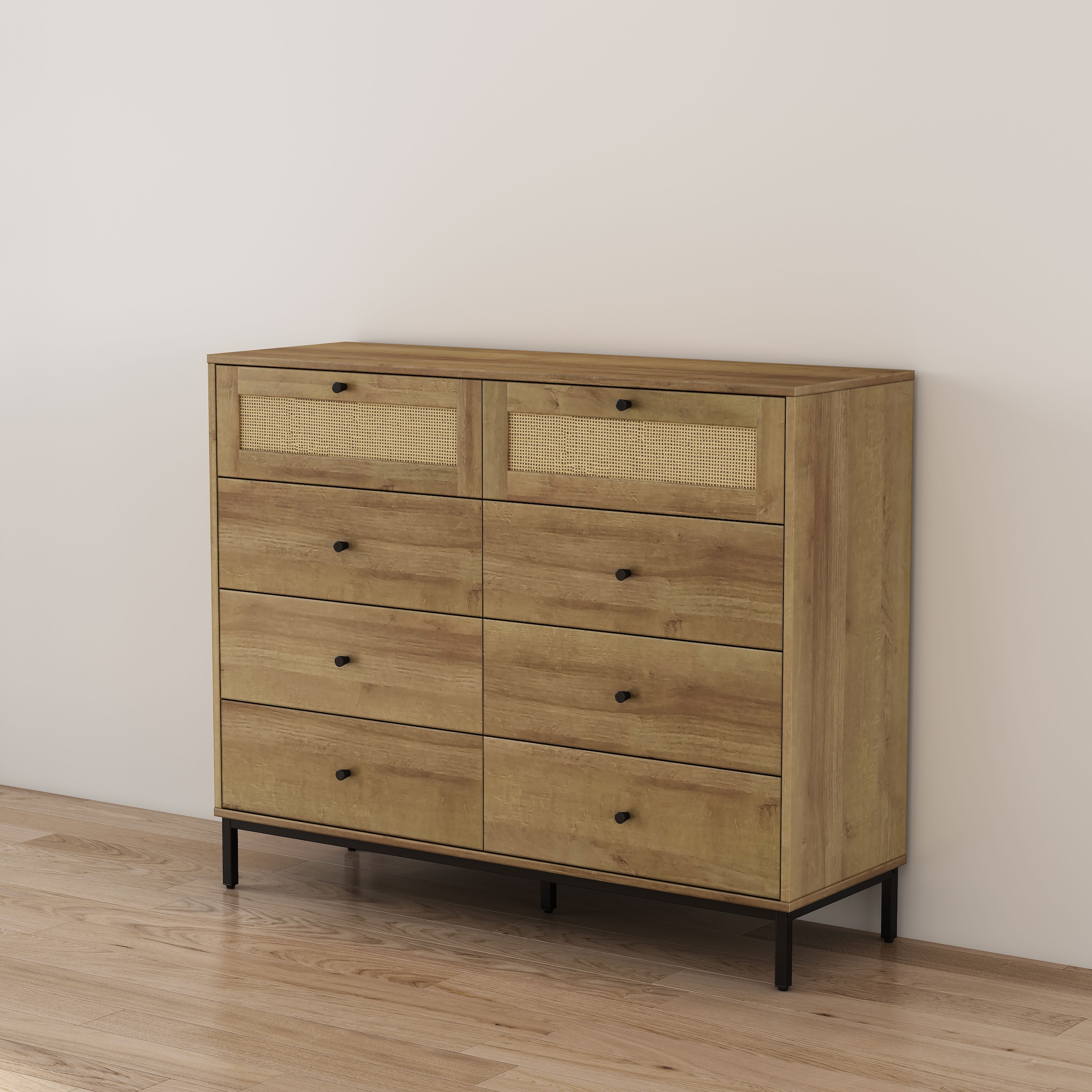 GOODproduct Kombikommode »Motala Wäsche Schrank mit 8 Schubladen Sideboard BOHO Design« Eichen-Design mit schwarzen Griffen und Geflecht Schubladen, 