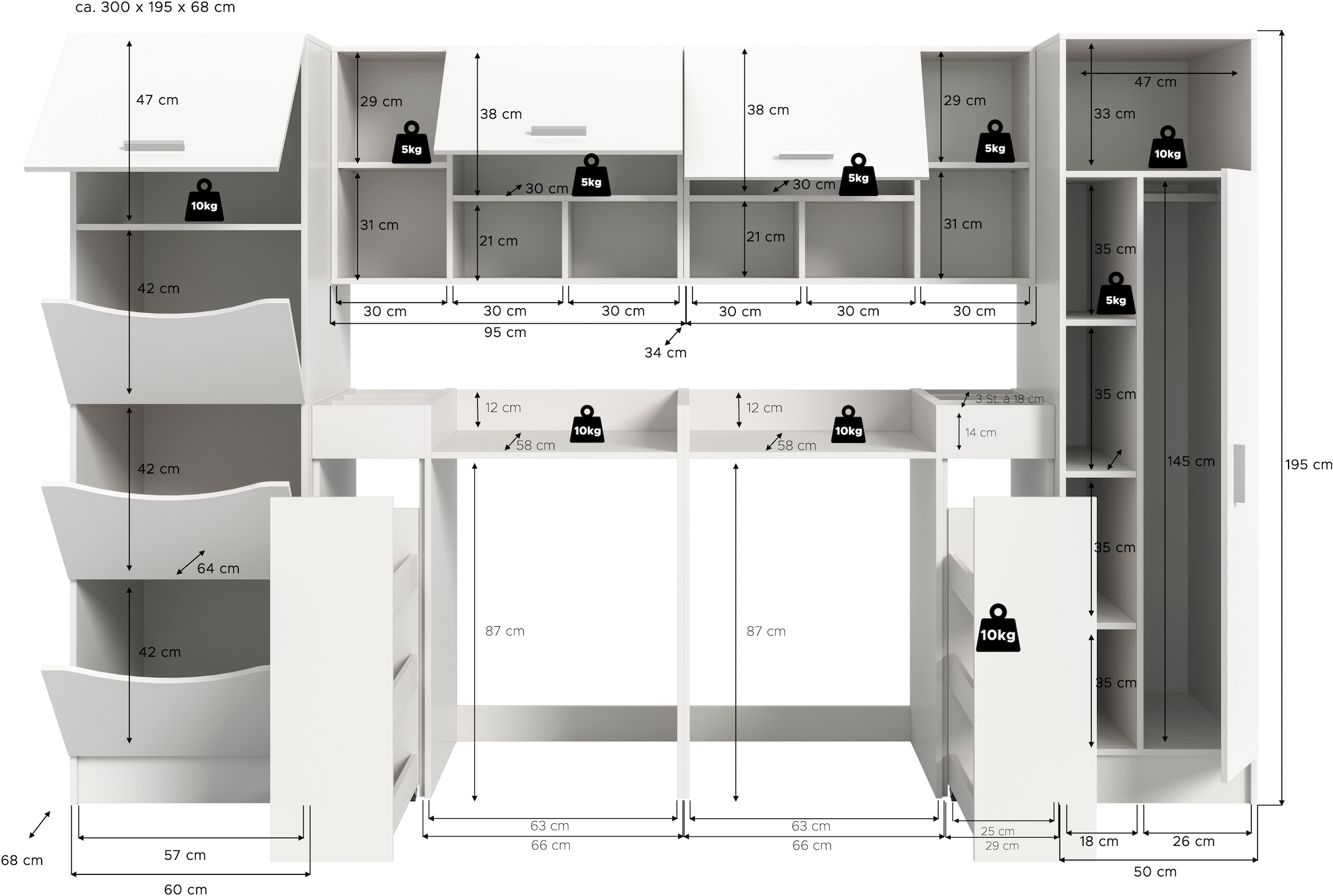 welltime Ensemble de meubles de salle de bain »FALAS, TOPSELLER!, 8-teilig, Hauswirtschaftsraum Set, Breite 300 cm« Set, Wäscheschrank, Hängeschrank,Standregal, Umbauschrank, Mehrzweckschrank, 8 cuis tlg.