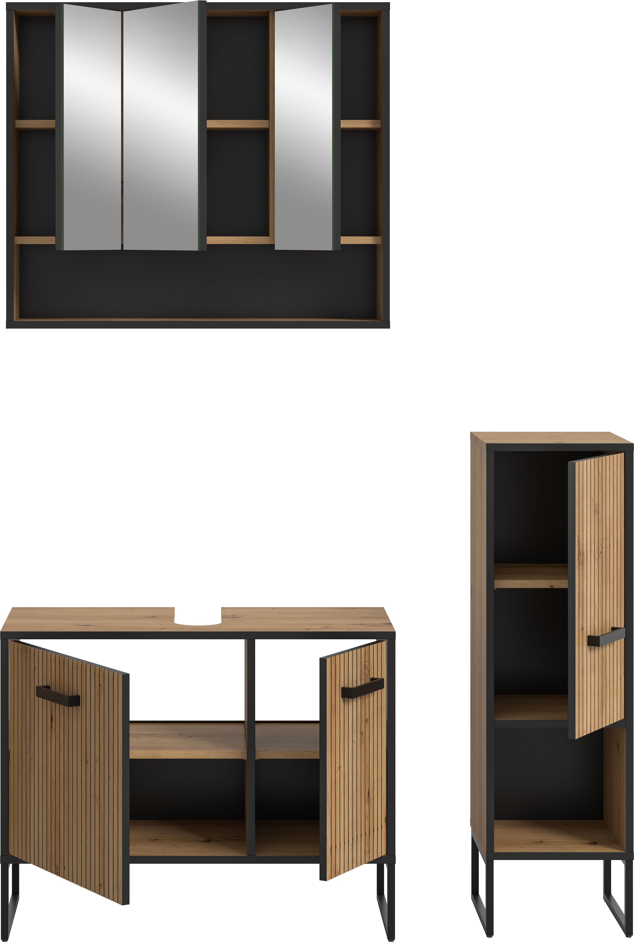 welltime Ensemble de meubles de salle de bain »LOCRI, 3-tlg. Badkombination, Breite 125 cm, Rillenoptik, Metallkufen« composé de : meuble sous lavabo, armoire miroir et armoire sur pied, 3 cuis tlg.