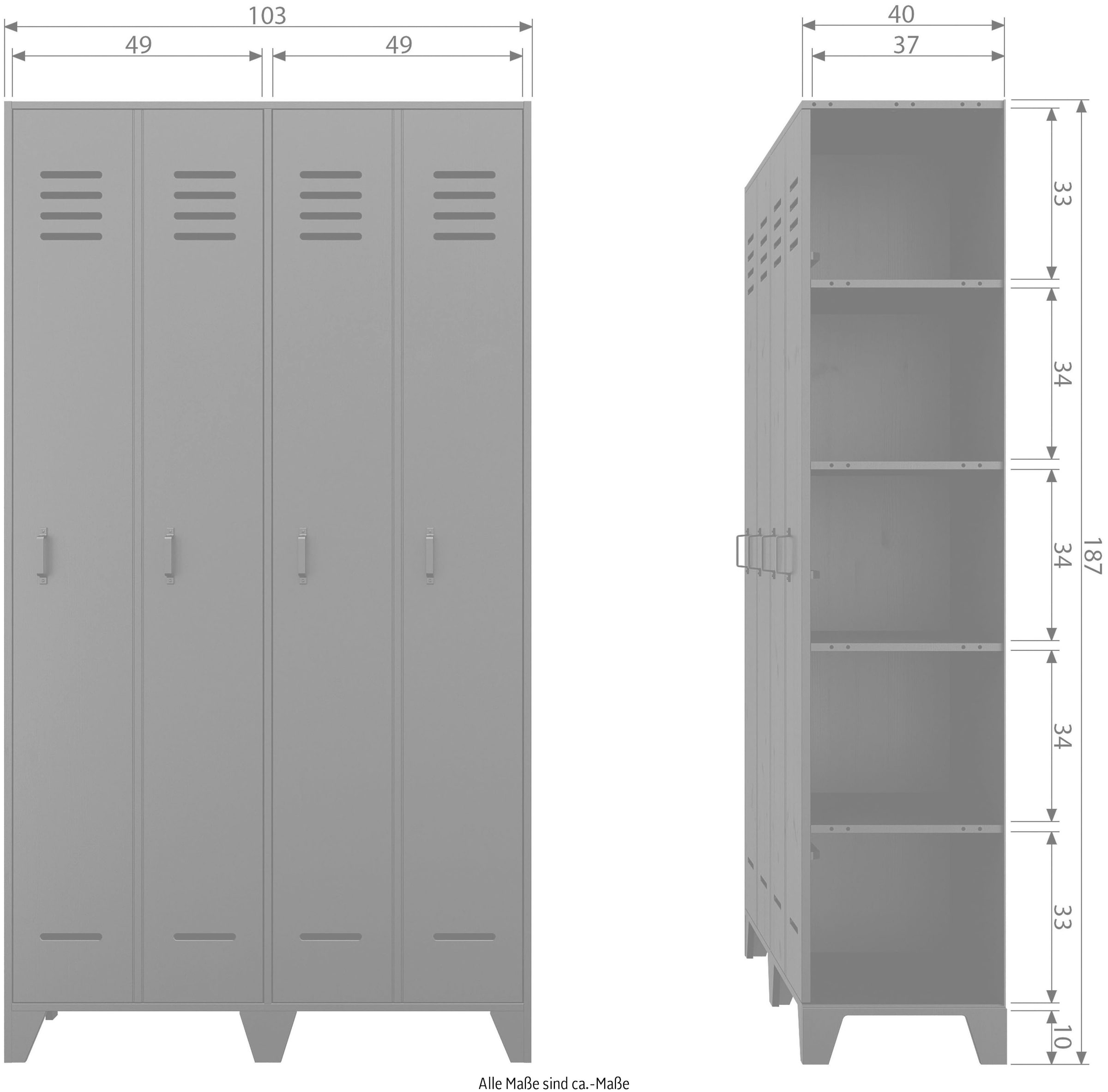 WOOOD Armoire vestiaire »Stijn FSC®-Kiefernholz mit 4-Türer-Illusion, H 187 x B 103 x T 40 cm« deux portes style casier, laqué protecteur, capacité 10 kg par étagère