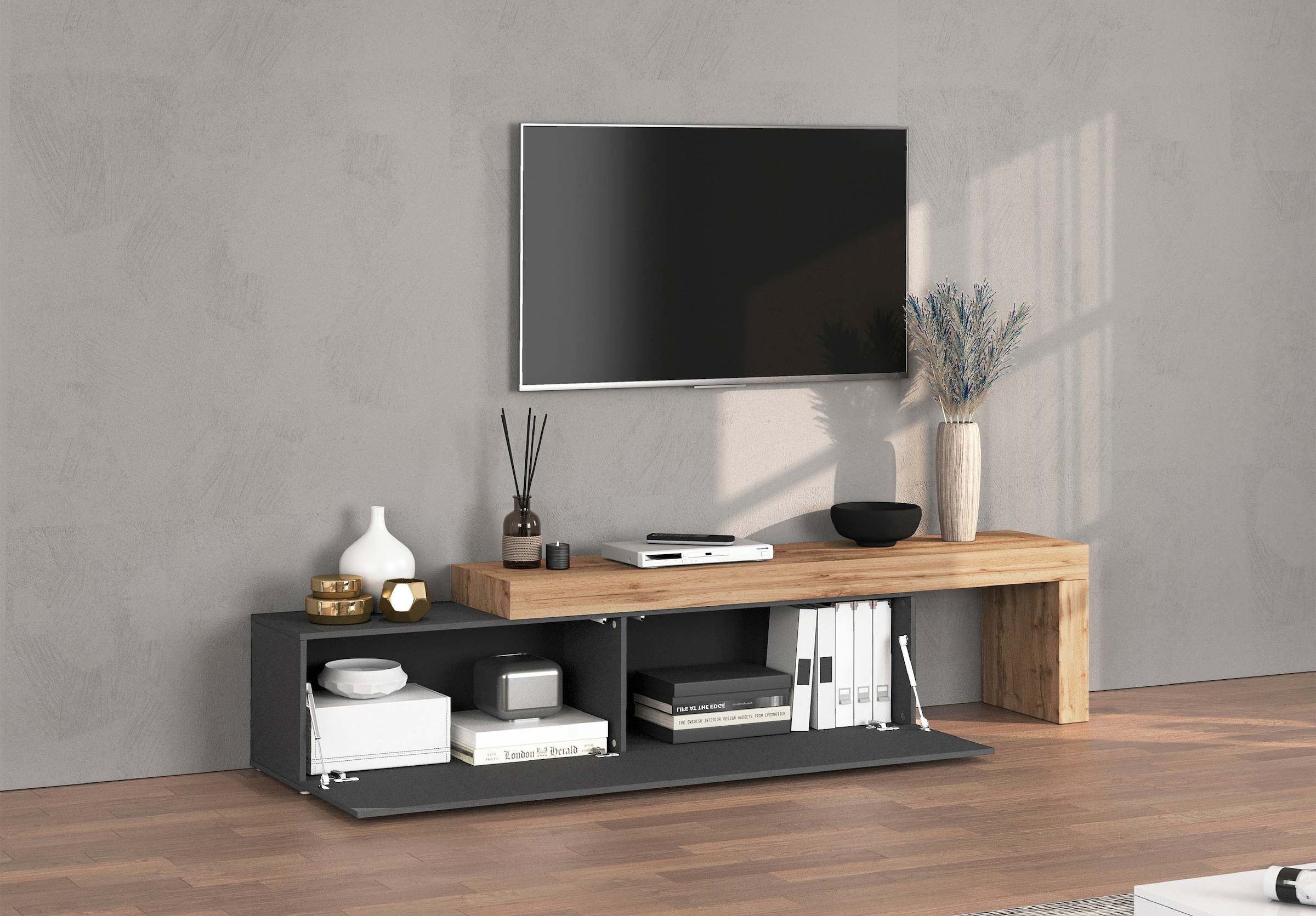 INOSIGN Table basse »Chronos TV-Board, TV-Schrank« Breite verstellbar von 190 bis 350 cm, 1 cuis tlg. Breite 270 cm TV-Board,Lowboard,1 Klappe und ein L-Förmiger Aufsatz