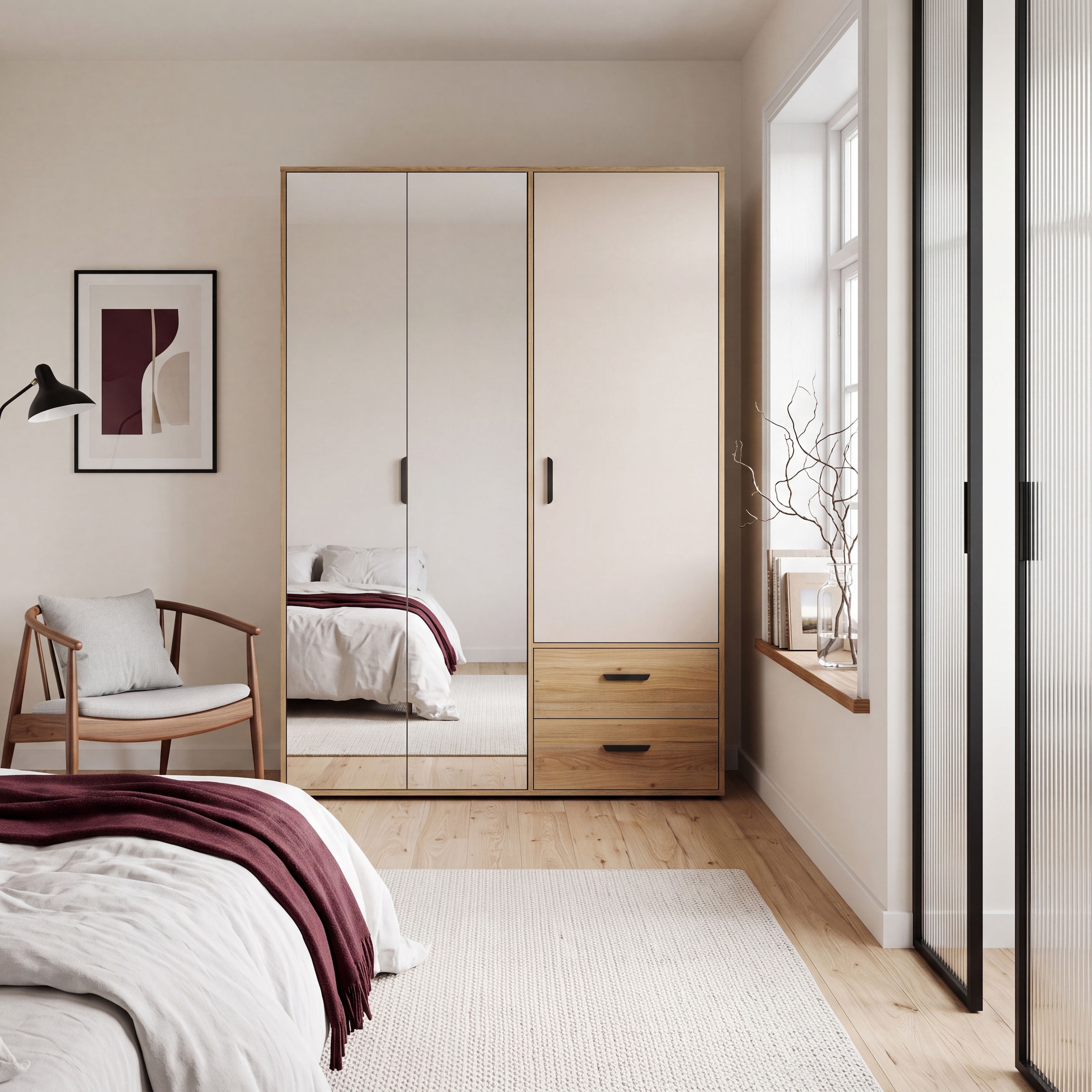 GOODproduct Kleiderschrank »AALOX, Spiegel, 3 Türen, 2 Schubladen, viel Stauraum, schwarze Griffe« Schrank ca. 140 bis 150 cm breit, schwarze Griffe, zeitloses Design