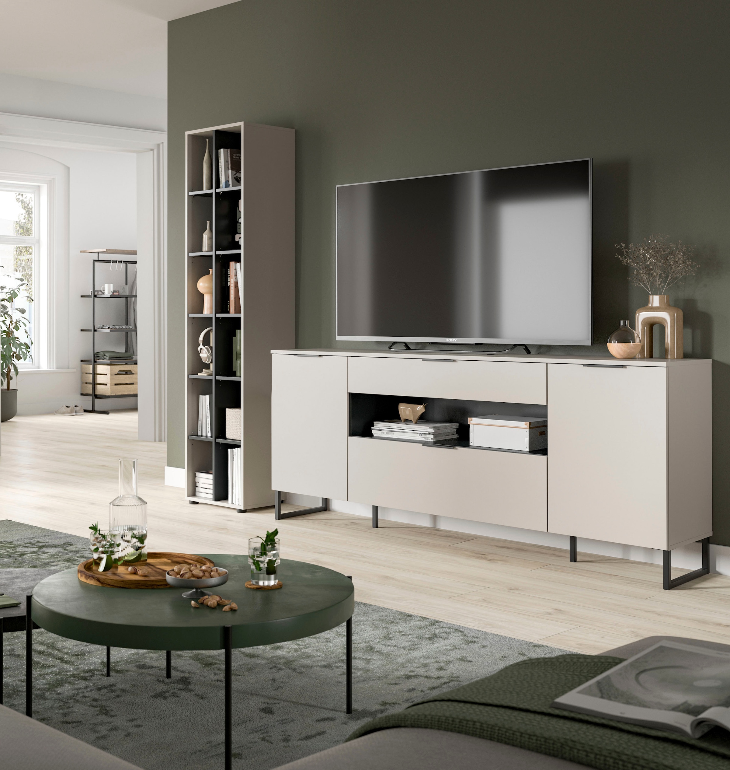 Home affaire Meuble mural »ADIO, Breite 245 cm, 2-teiliges Set, mit Metall-Kufenfüsse« Set, bestehend aus: Standregal und Sideboard, 2 cuis tlg.