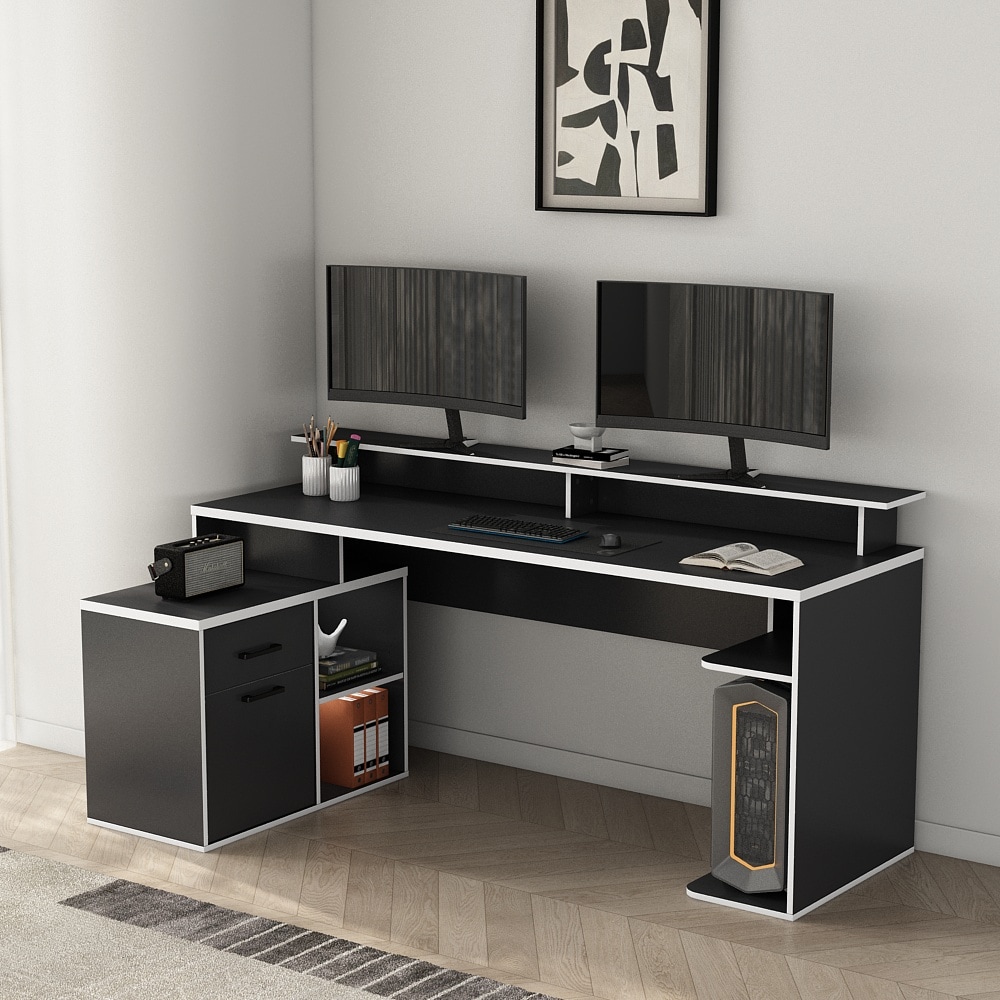 GOODproduct Gamingtisch »Game, Computertisch, Eckschreibtisch« , Towerfach, Kabeldurchlass, Monitoraufsatz, Stauraum, Masse 180x102 cm