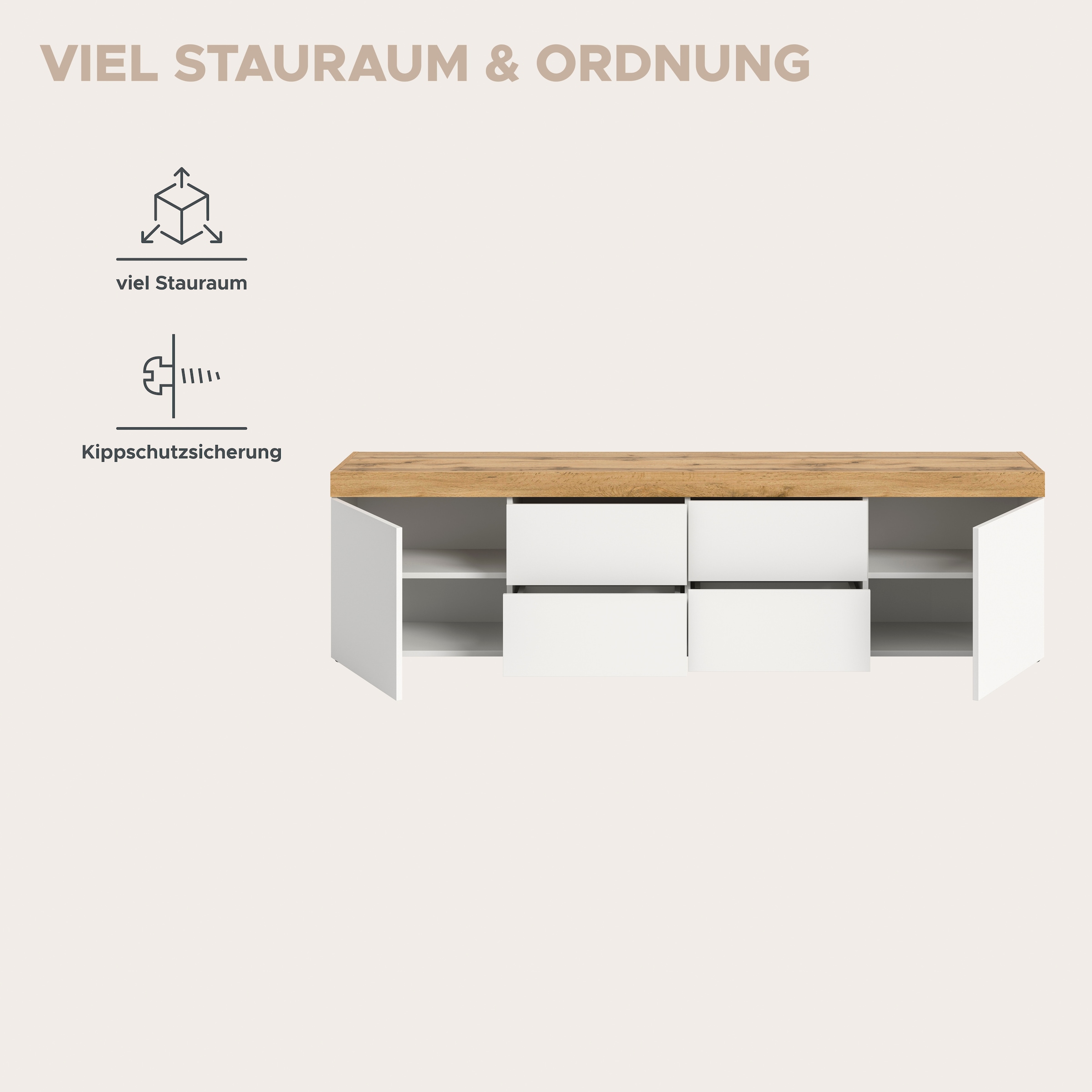 GOODproduct Lowboard »MAMBO, TOPSELLER!, Breite 200cm, 2 Türen, 4 Schubkästen, push-2-open« 2 farbige Ausführung, in verschiedenen Farben erhältlich, 1 Stk. tlg. Lowboard, TV Unterschrank, Tv-Schrank, Wohnzimmer