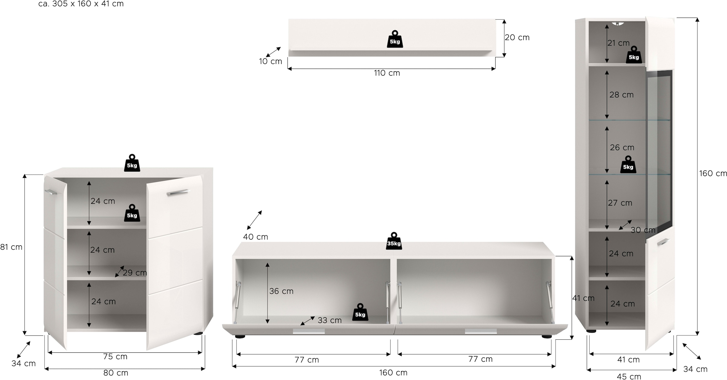 Home affaire Meuble mural »FLORENZ, 4-teilige Wohn-Kombination, hochwertige MDF-Front« Set, Set, best. aus: 1 Kommode, 1 Lowboard, 1 Vitrine, 1 Wandboard, 4 cuis tlg.