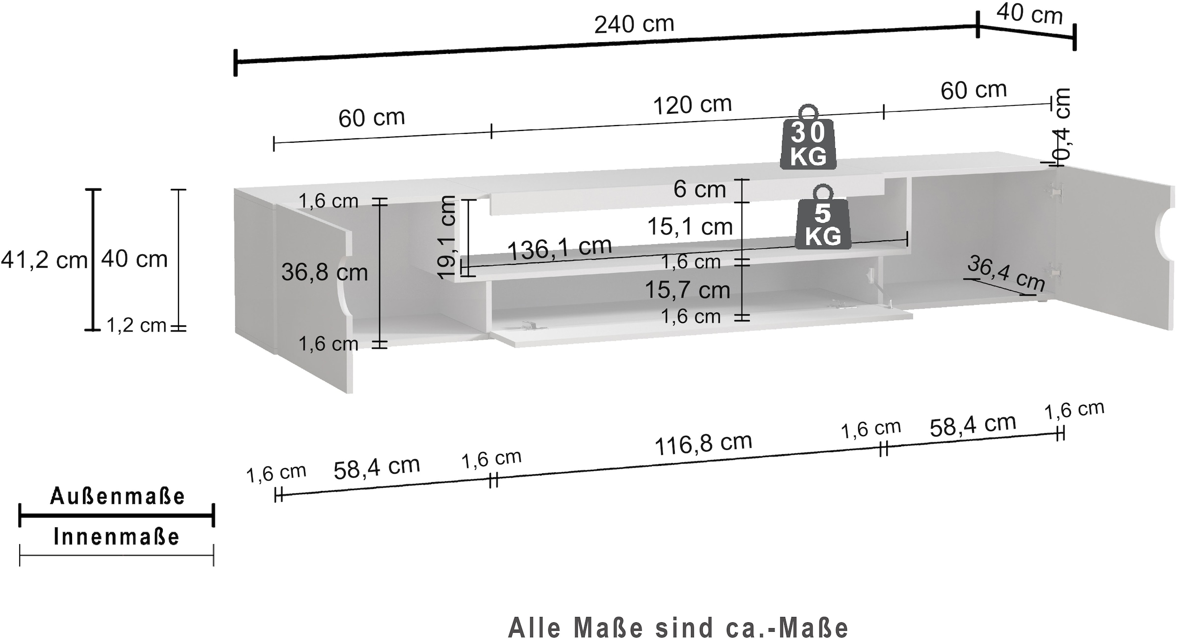 INOSIGN Table basse »REAL TV-Möbel, 240 cm breit, 40/60 cm hoch, Hochglanz oder matt« mit 2 abgerundeten Türen, 1 Klappe, die ein ovales offenes Fach bilden