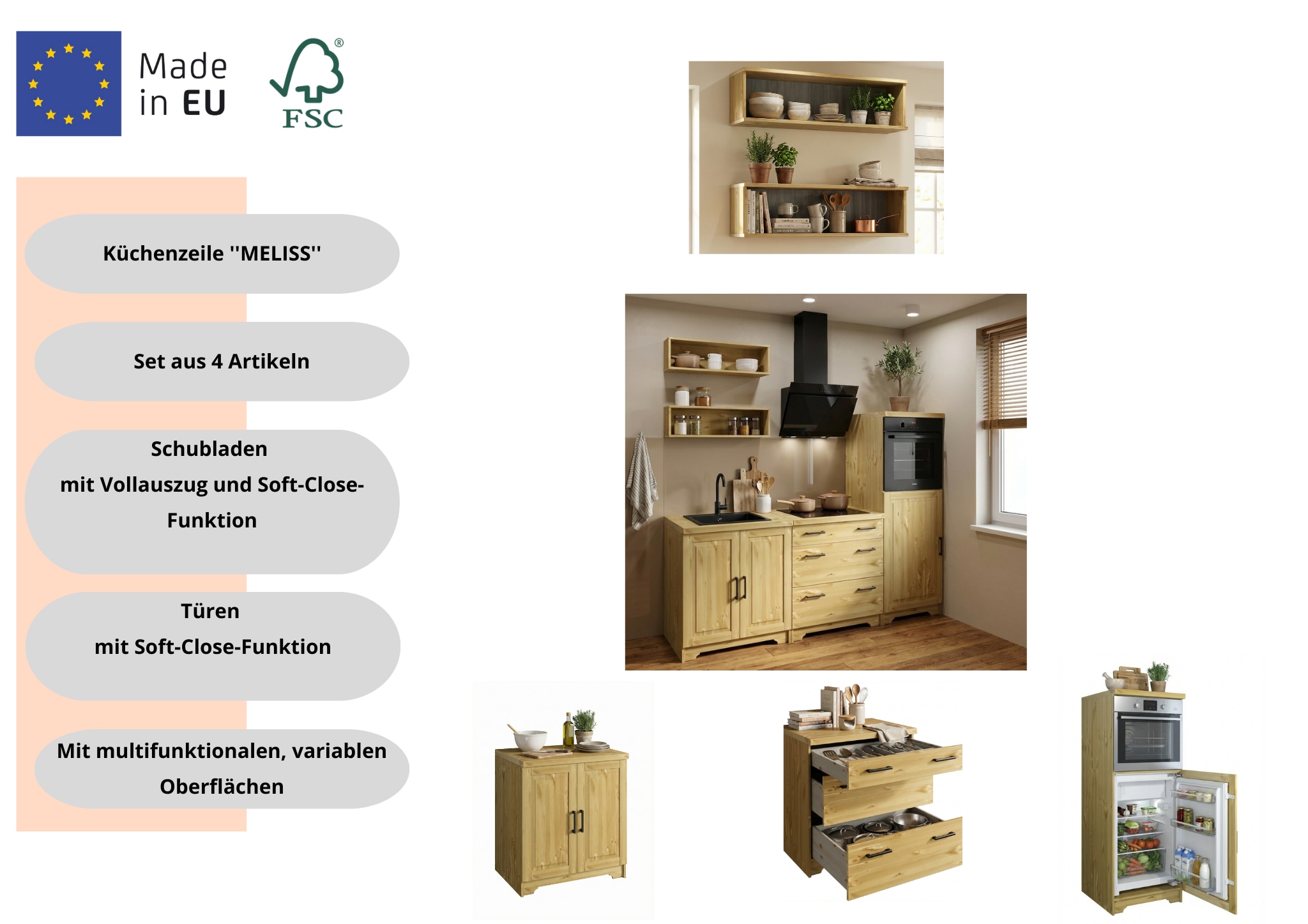 Home affaire Kitchenette »Meliss« aus massiver Kiefer, mit Soft-Close-Funktion, 5-teiliges Set