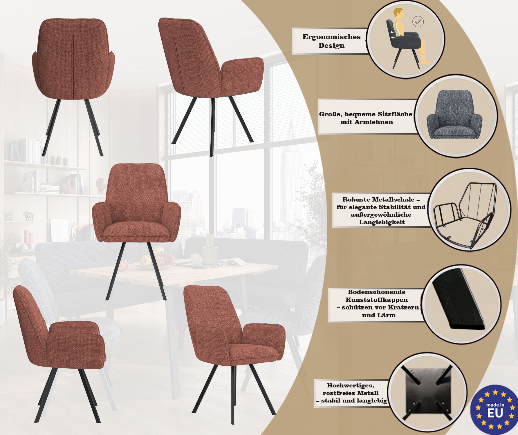 GOODproduct Armlehnstuhl »Mily Esszimmerstuhl, Polstersessel, Wohnstuhl, Essstuhl mit Armlehnen« (Set) 2 Stk.mit schwarz pulverbeschichteten Metallbeinen, gepolstert, modern