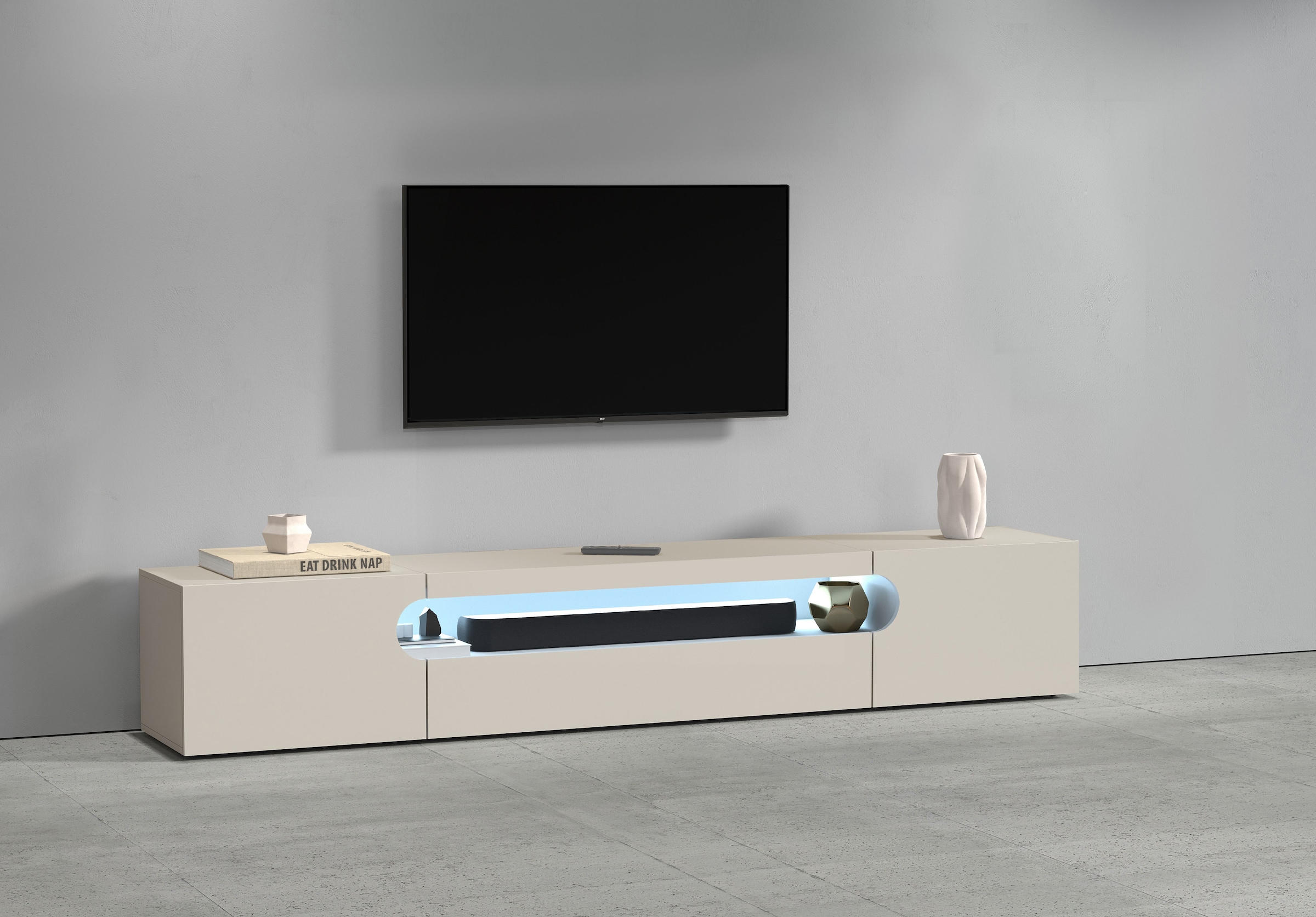 Home affaire Table basse »REAL TV-Möbel, 240 cm breit, 40/60 cm hoch, Hochglanz oder matt« mit 2 abgerundeten Türen, 1 Klappe, die ein ovales offenes Fach bilden