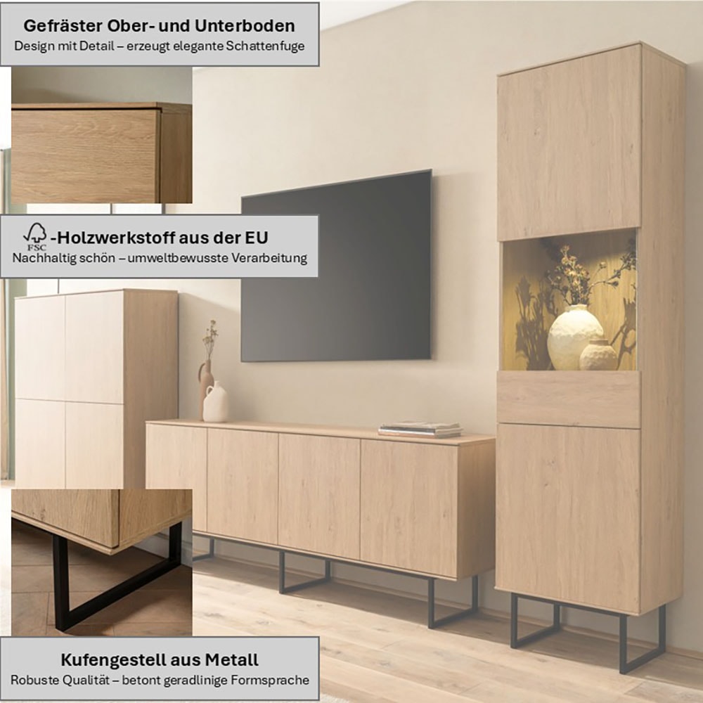 Home affaire Wohnwand »Lund, moderne Anbauwand, Wohnzimmer-Set in Stone Oak« 3 Stk. tlg.