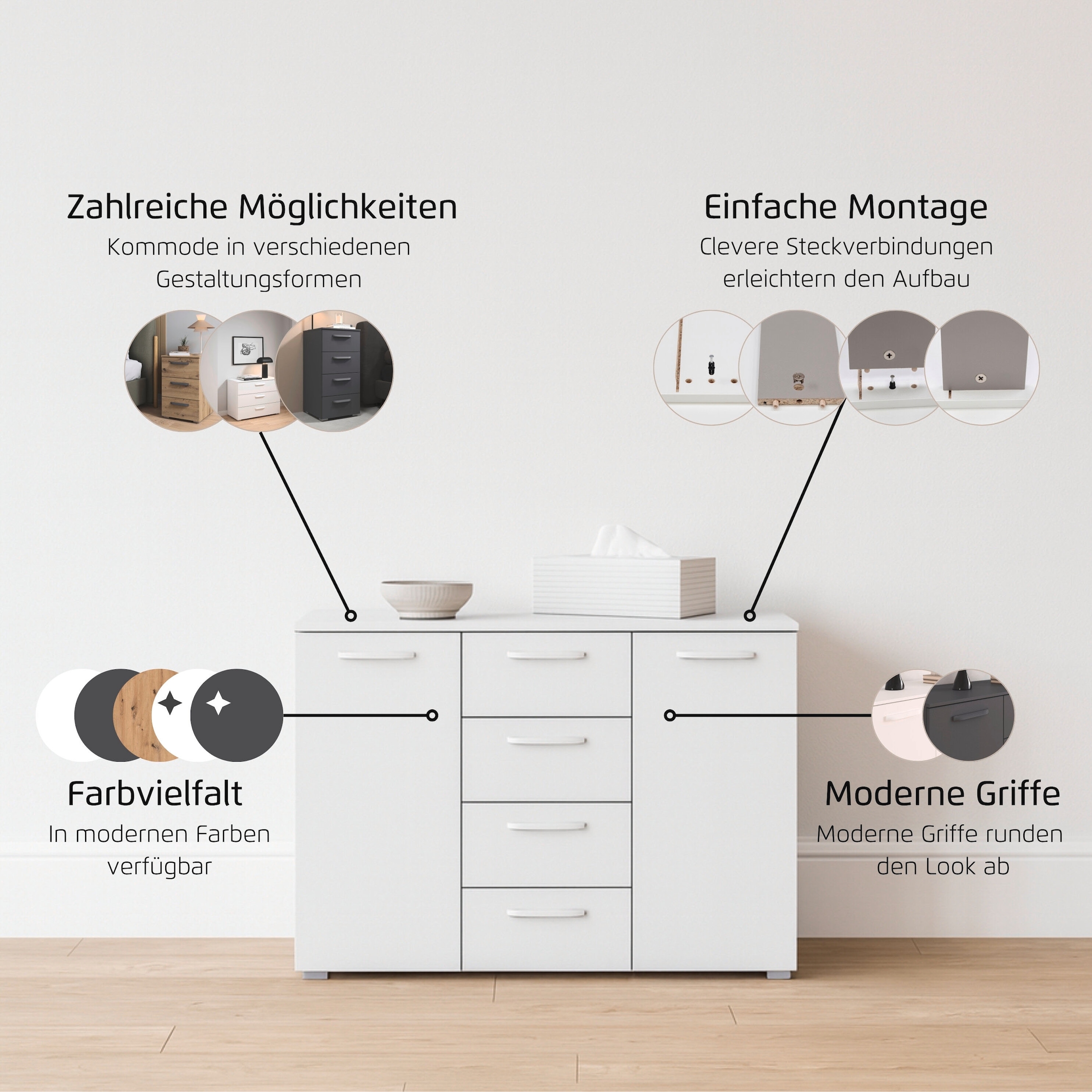 GOODproduct Kombikommode »Kommode Sideboard Schubladenkommode Schlafzimmerkommode OTELI« Breite 120 cm inkl. SOFT-CLOSE-FUNKTION, mit moderner Dekor-Front,  vier grosse Schubladen und 2 Türen, mit 4 Einlegeböden MADE IN GERMANY