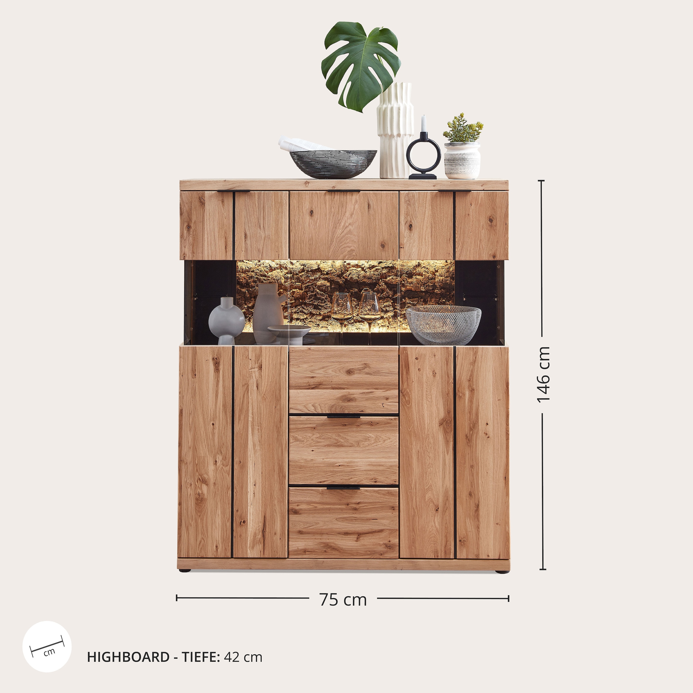 Wohnconcept Buffet haut »Donna Highboard, 122x144x42 (BxHxT)« 1 cuis tlg. Beleuchtung optional bestellbar, 3 türig, 2 Schubkasten, Softclose